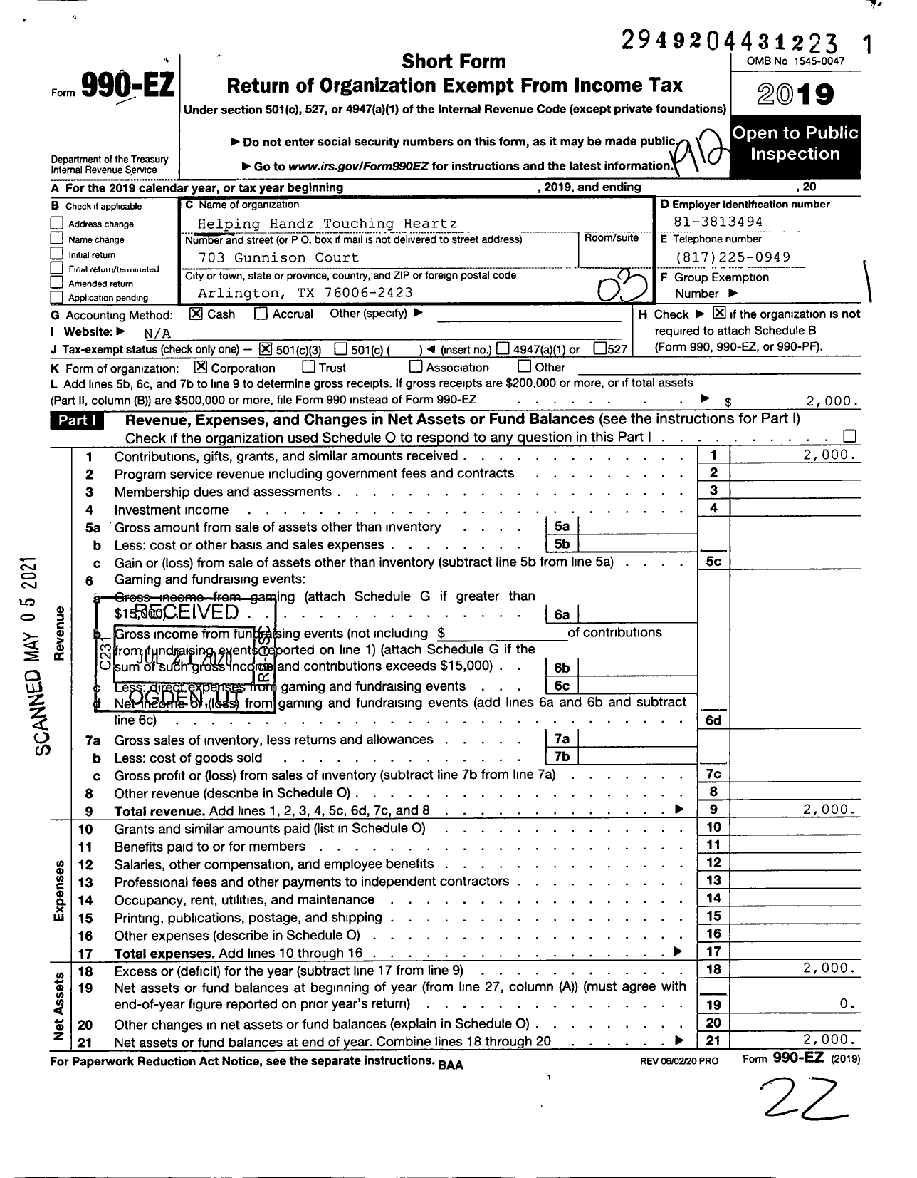 Image of first page of 2019 Form 990EZ for Helping Handz Touching Heartz