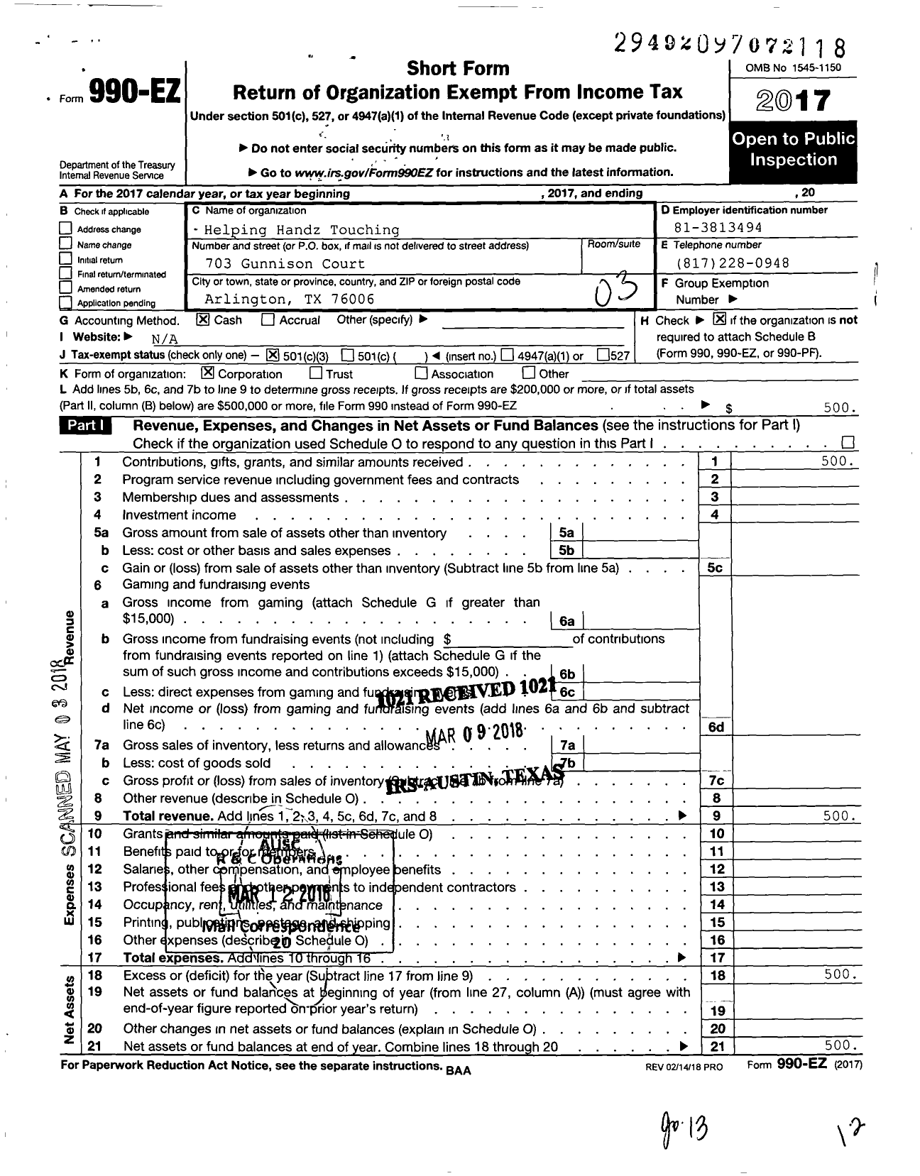 Image of first page of 2017 Form 990EZ for Helping Handz Touching Heartz