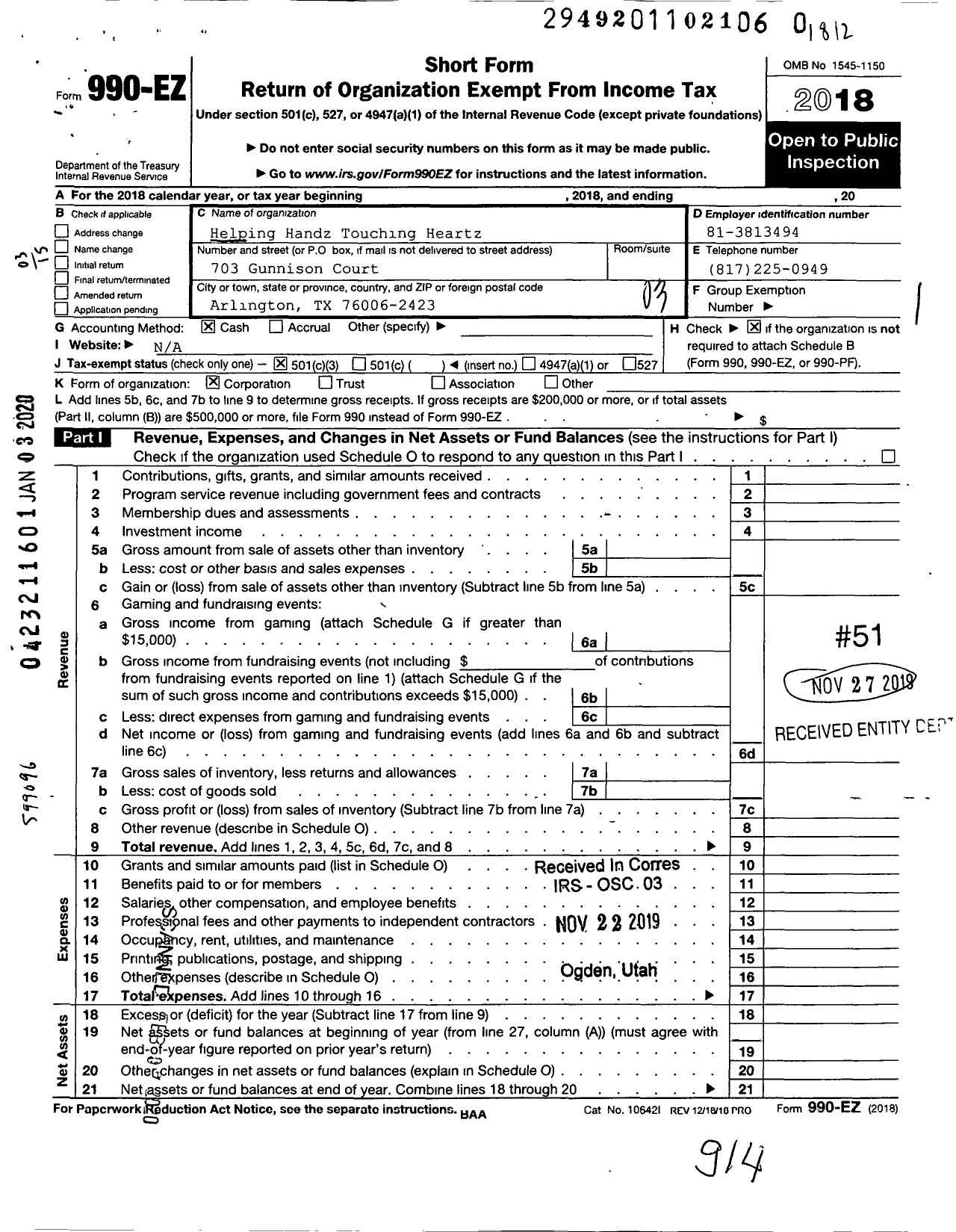 Image of first page of 2018 Form 990EZ for Helping Handz Touching Heartz