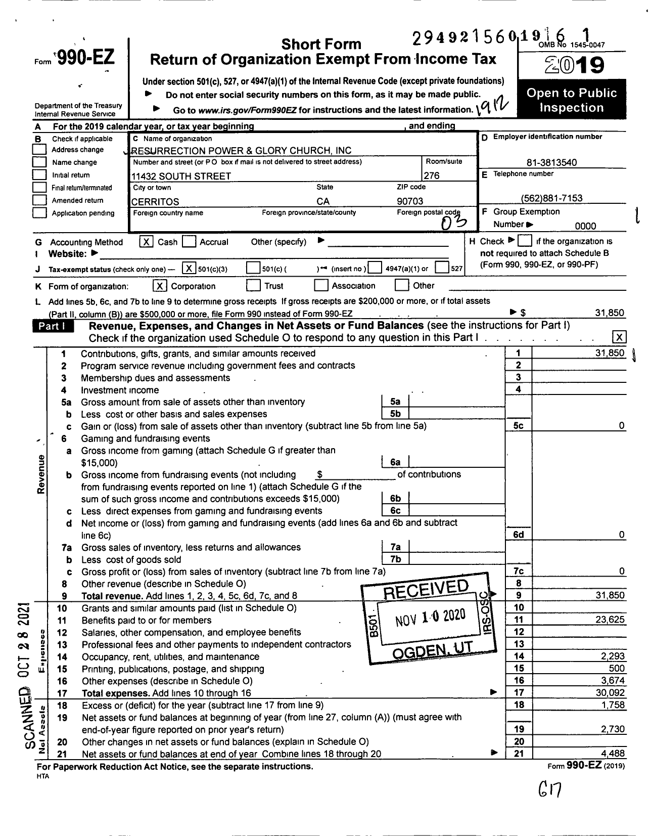 Image of first page of 2019 Form 990EZ for Resurrection Power and Glory Church