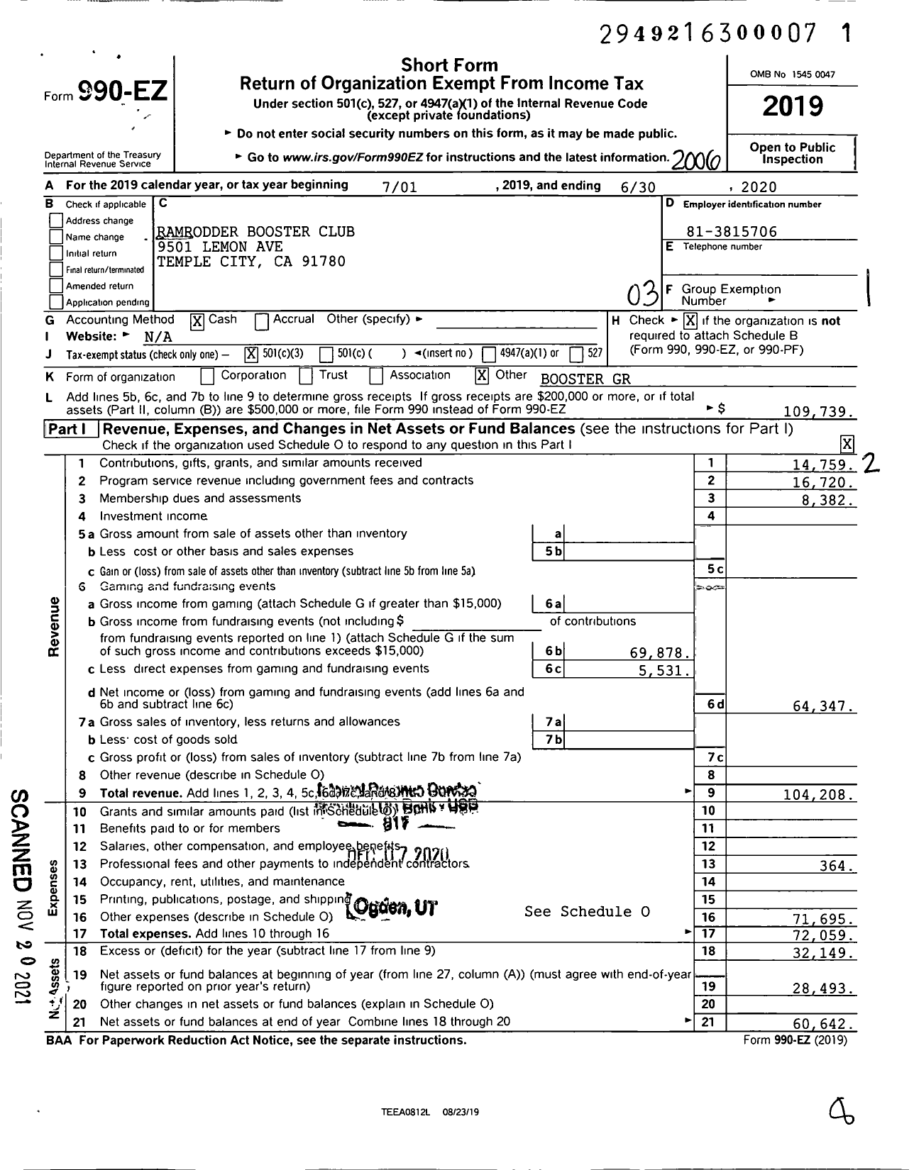 Image of first page of 2019 Form 990EZ for Ramrodder Booster Club