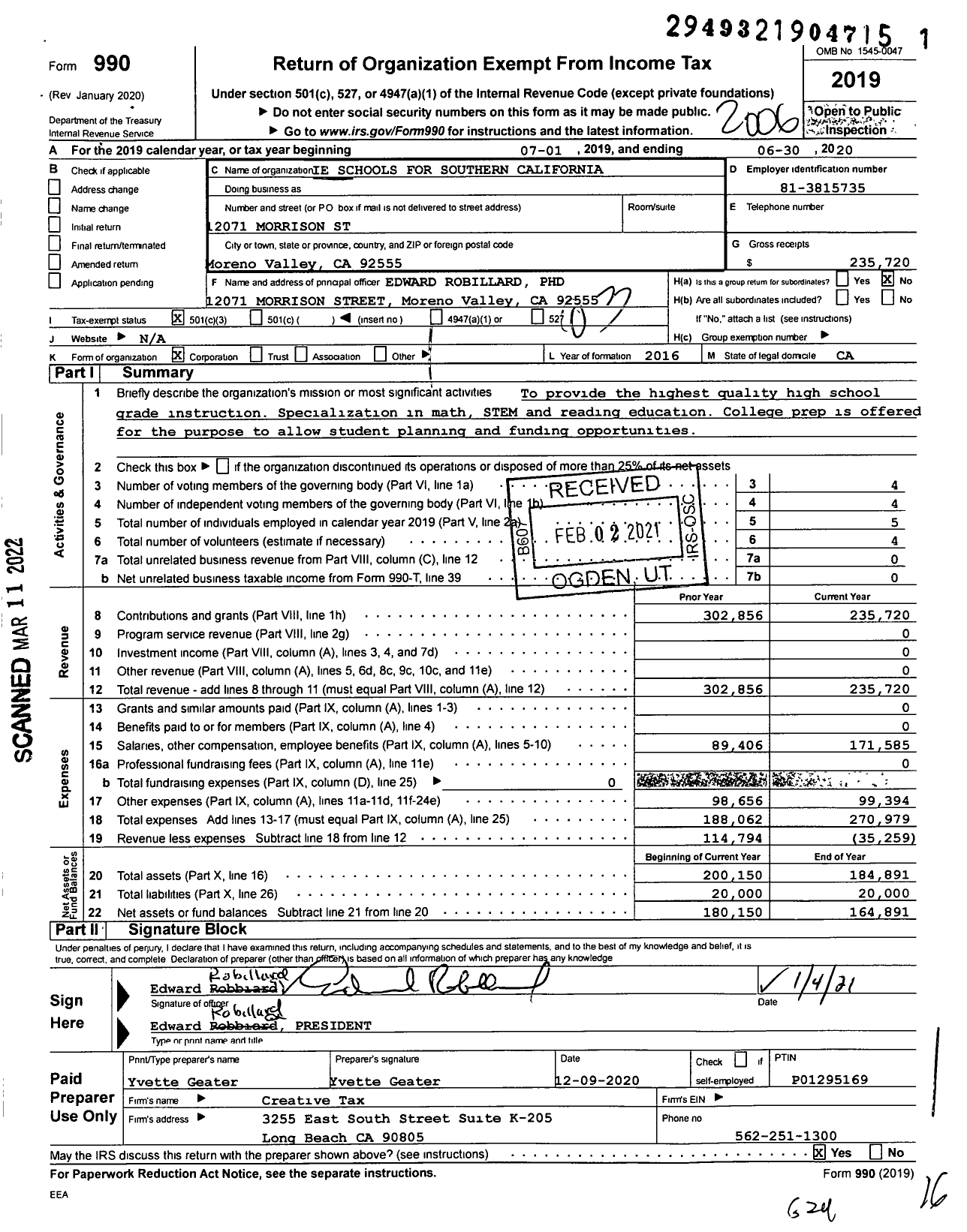 Image of first page of 2019 Form 990 for Ie Schools of Southern California