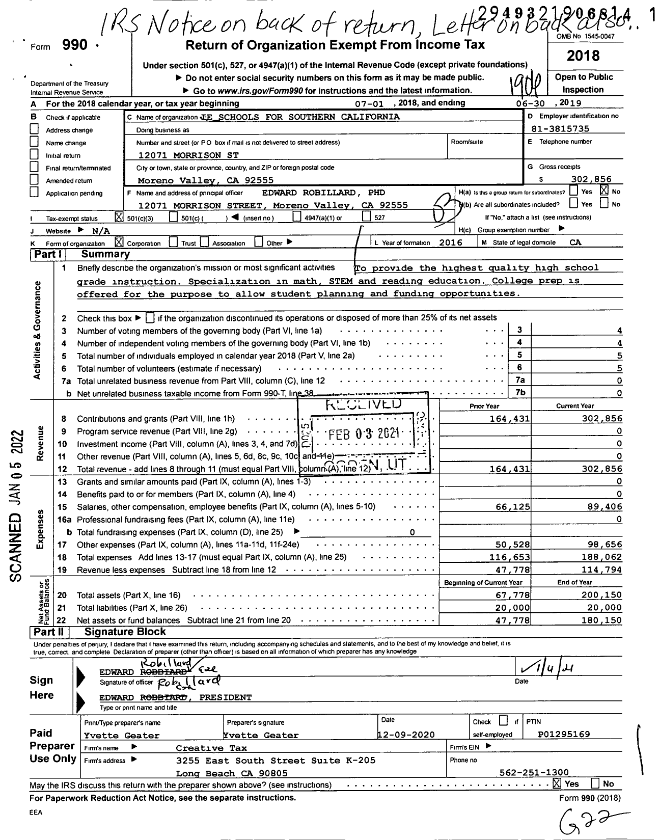 Image of first page of 2018 Form 990 for Ie Schools of Southern California