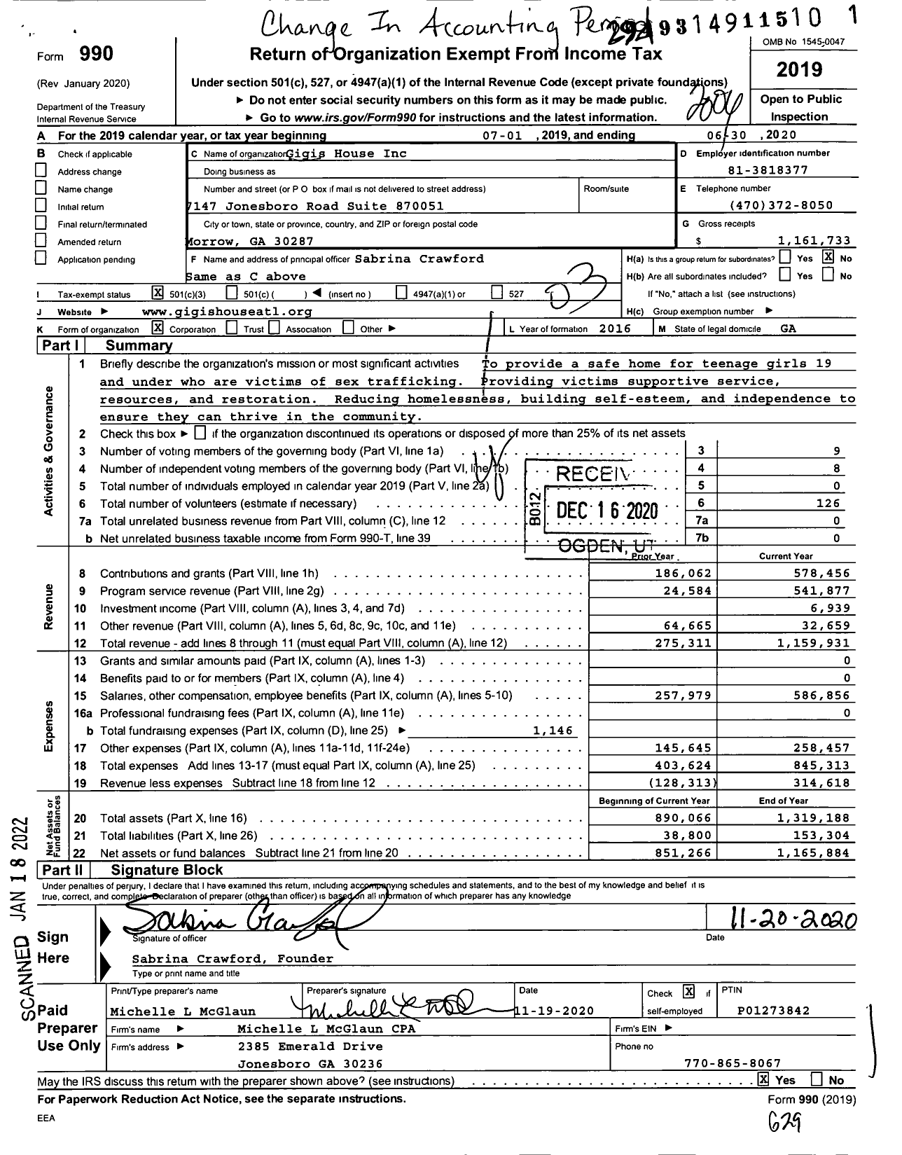 Image of first page of 2019 Form 990 for Gigis House