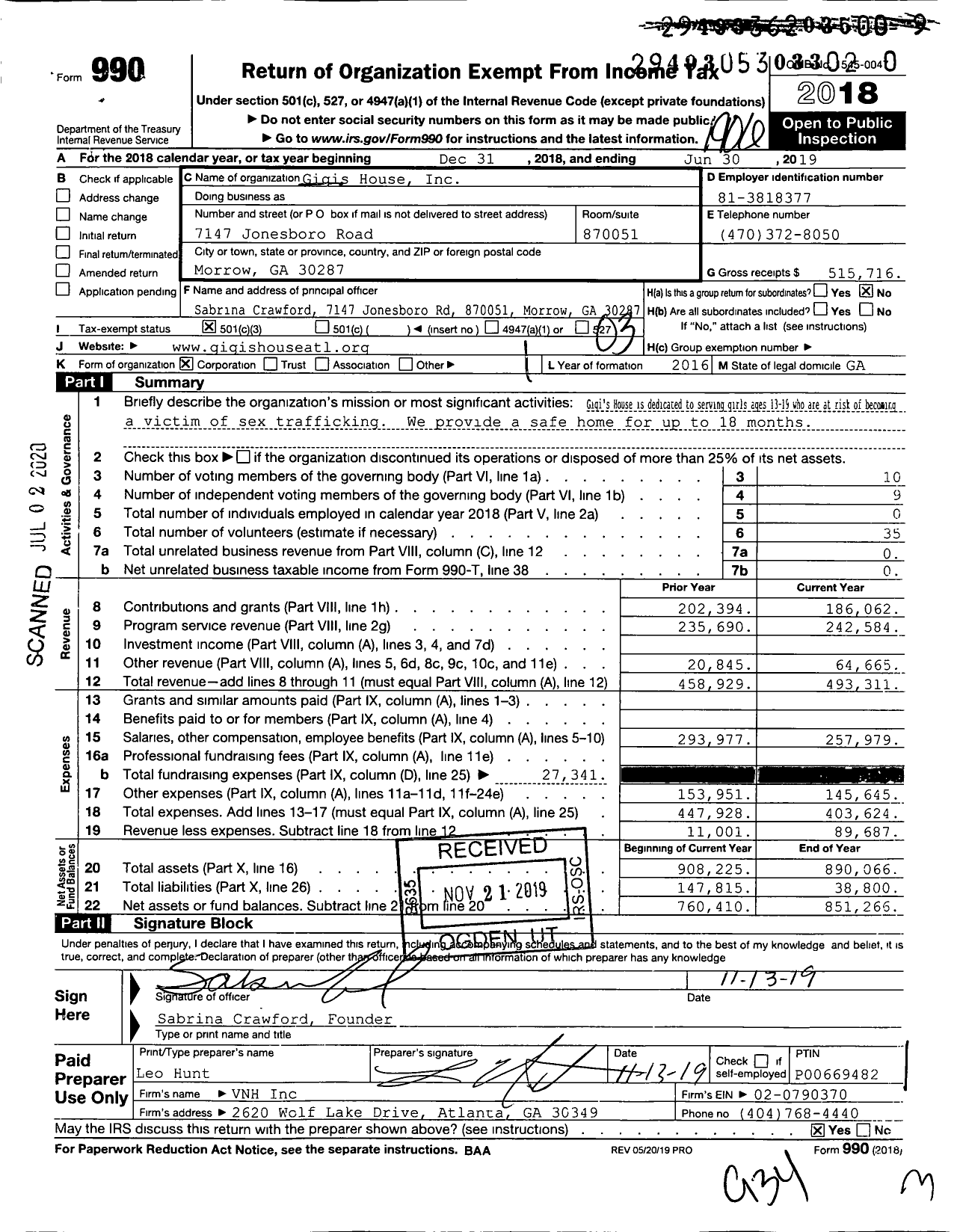 Image of first page of 2018 Form 990 for Gigis House