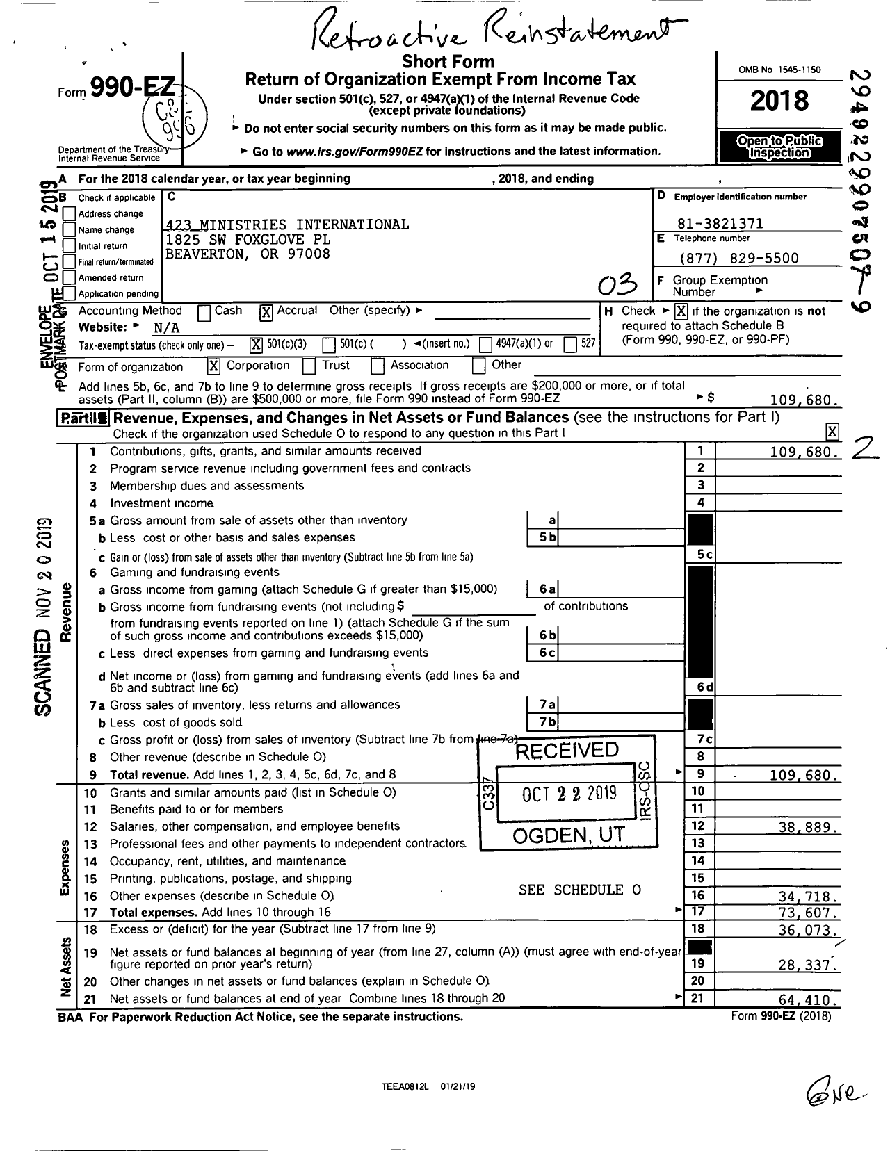 Image of first page of 2018 Form 990EZ for 423 Ministries International