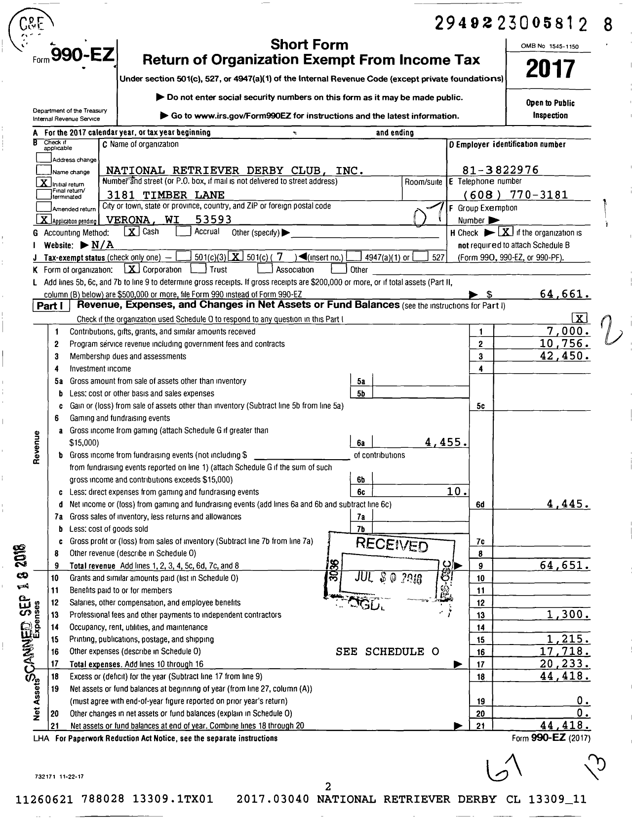 Image of first page of 2017 Form 990EO for National Retriever Derby Club