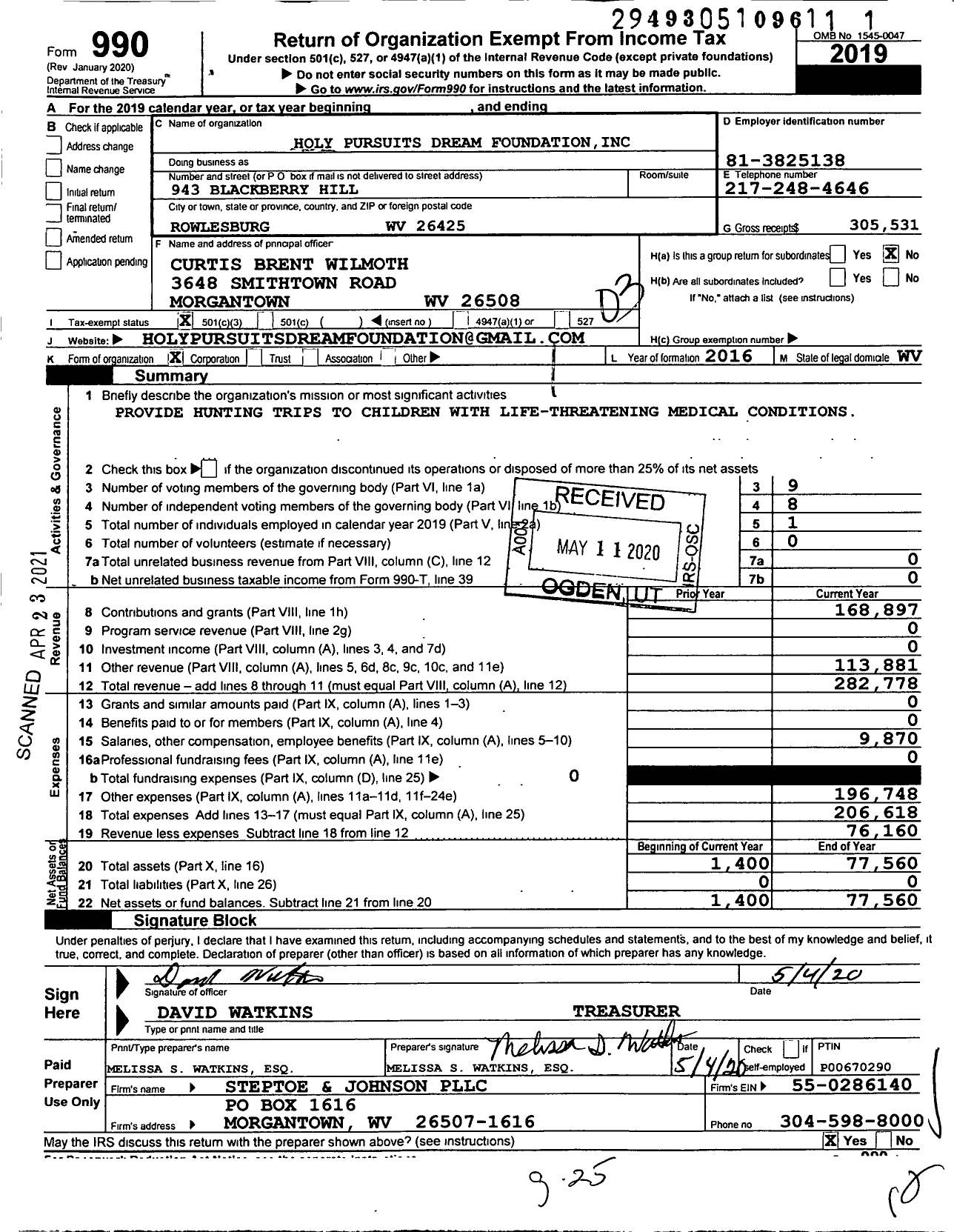 Image of first page of 2019 Form 990 for Holy Pursuits Dream Foundation