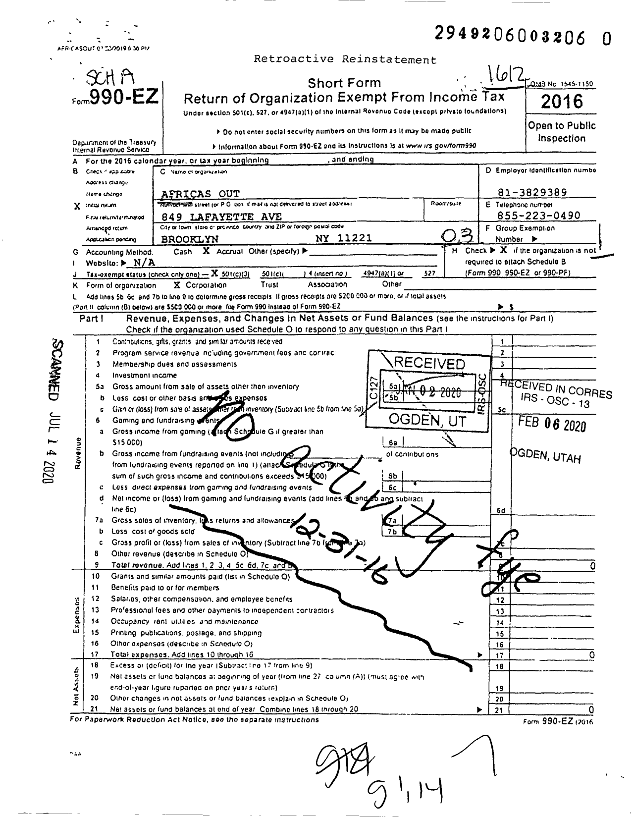 Image of first page of 2016 Form 990EZ for Africas Out