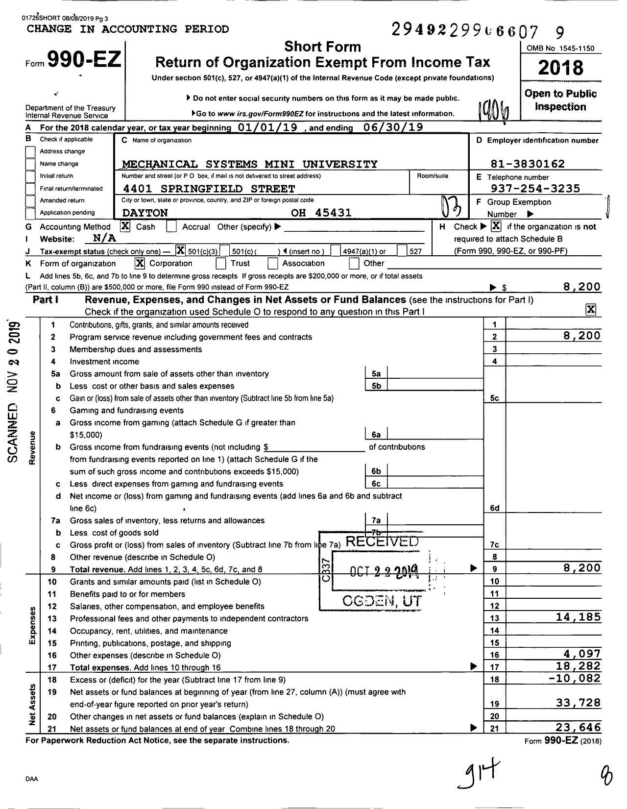 Image of first page of 2018 Form 990EZ for Mechanical Systems Mini University