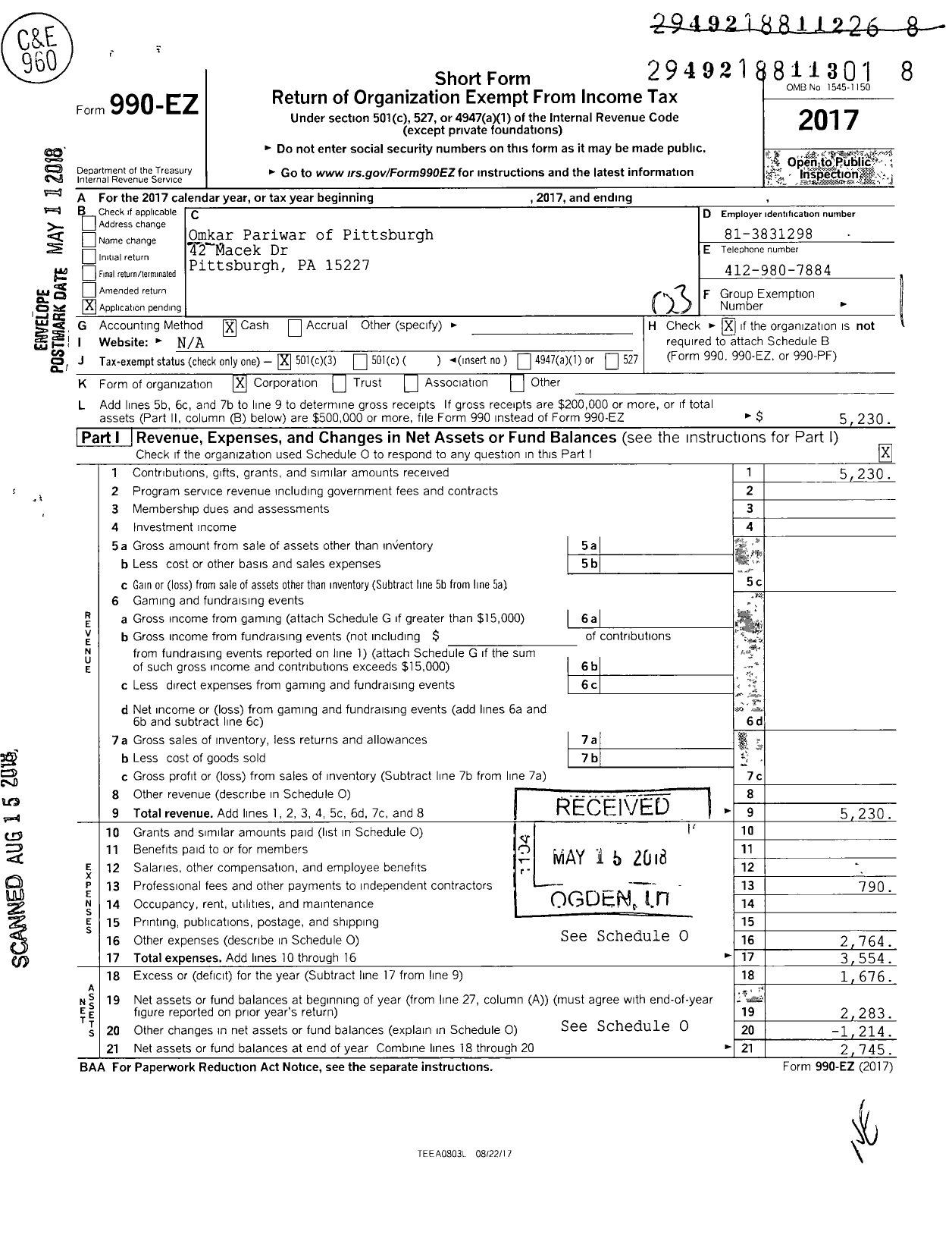 Image of first page of 2017 Form 990EZ for Omkarpariwar of Pittsburgh