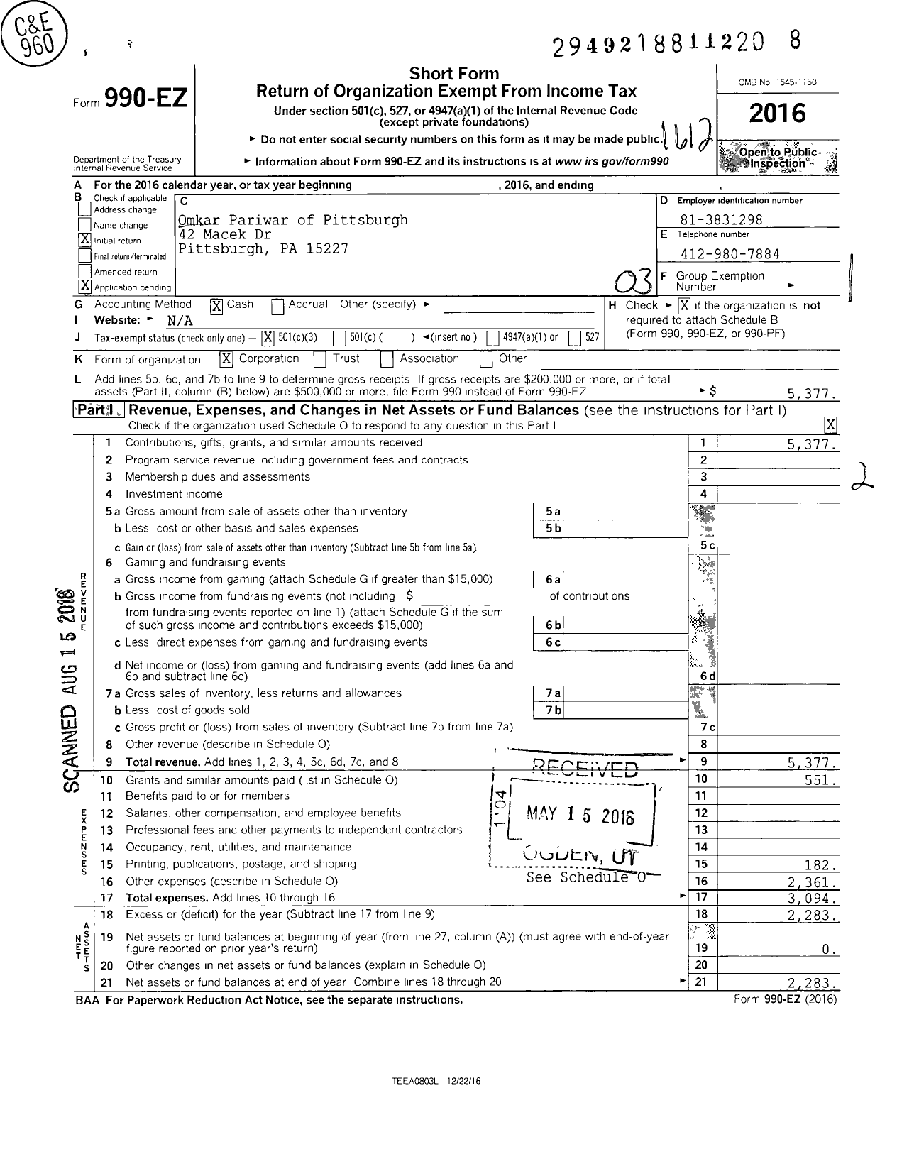 Image of first page of 2016 Form 990EZ for Omkarpariwar of Pittsburgh