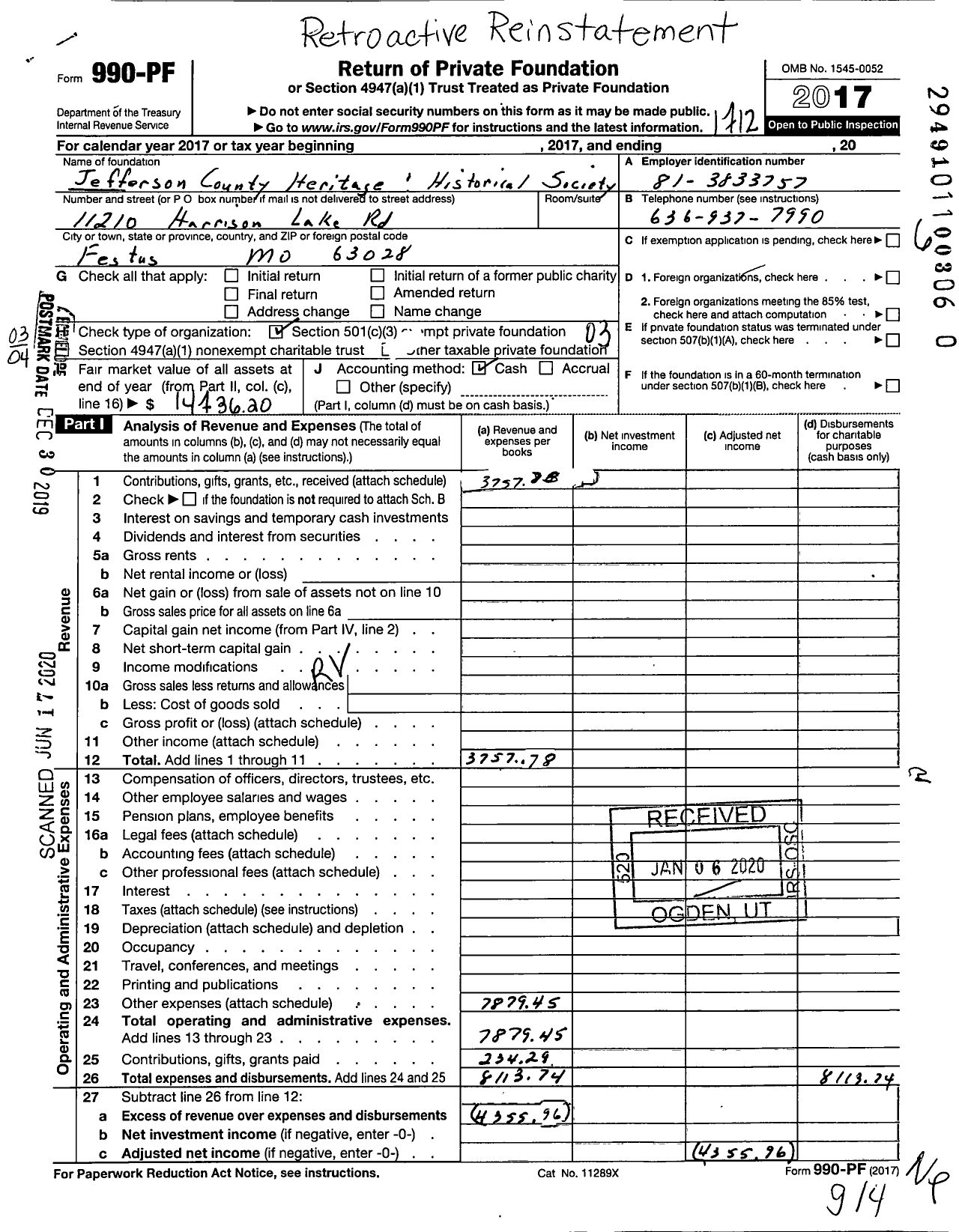 Image of first page of 2017 Form 990PR for Jefferson County Heritage and Historical Society