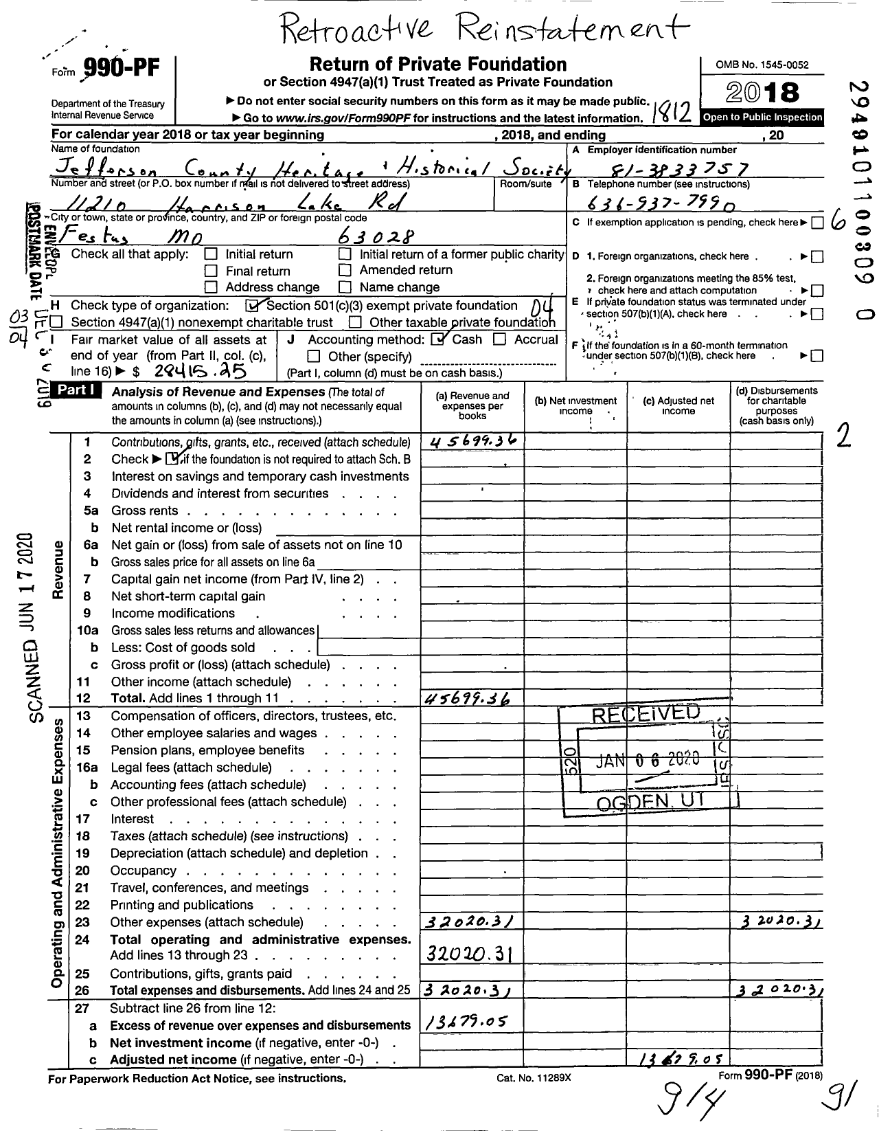 Image of first page of 2018 Form 990PR for Jefferson County Heritage and Historical Society