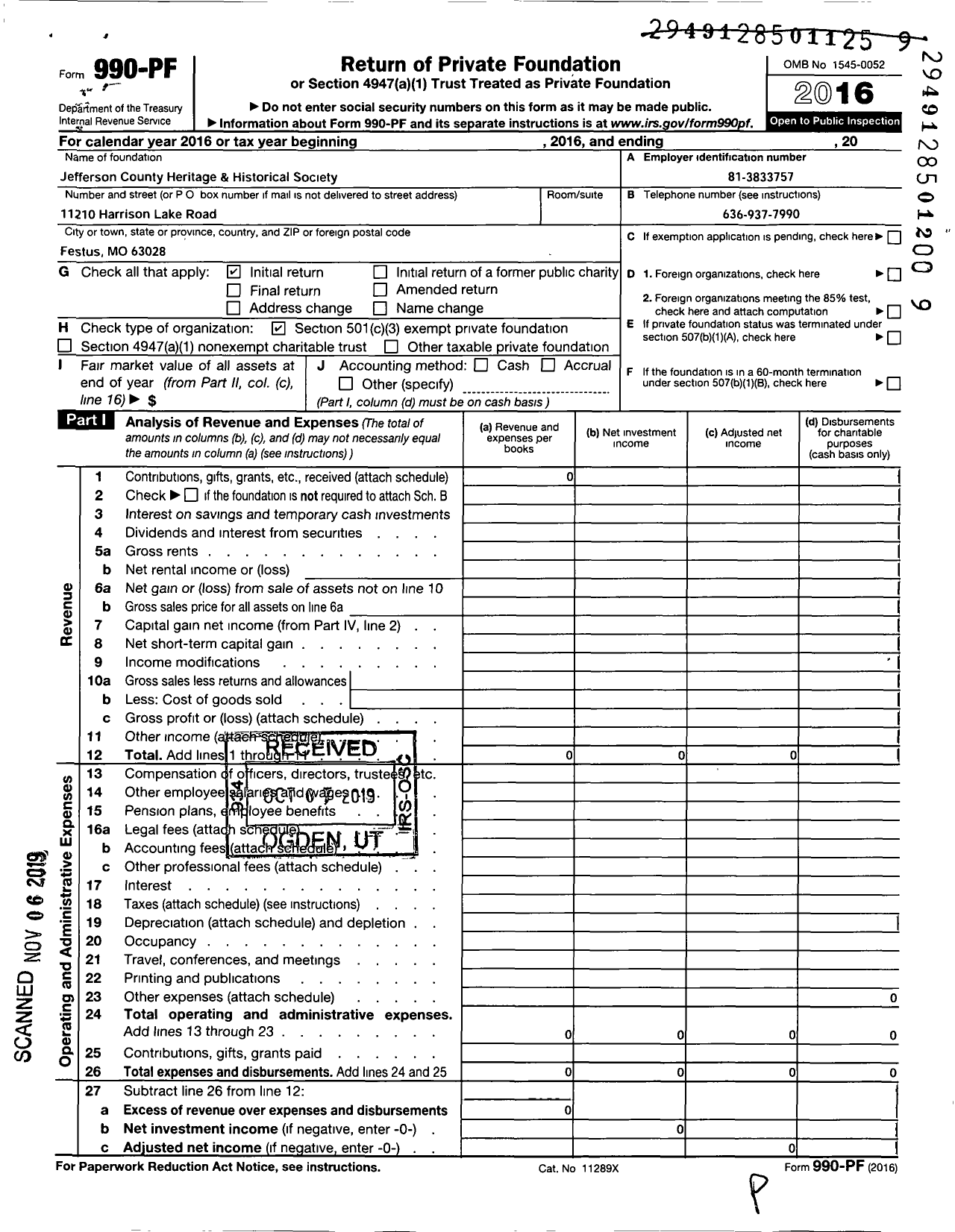 Image of first page of 2016 Form 990PF for Jefferson County Heritage and Historical Society