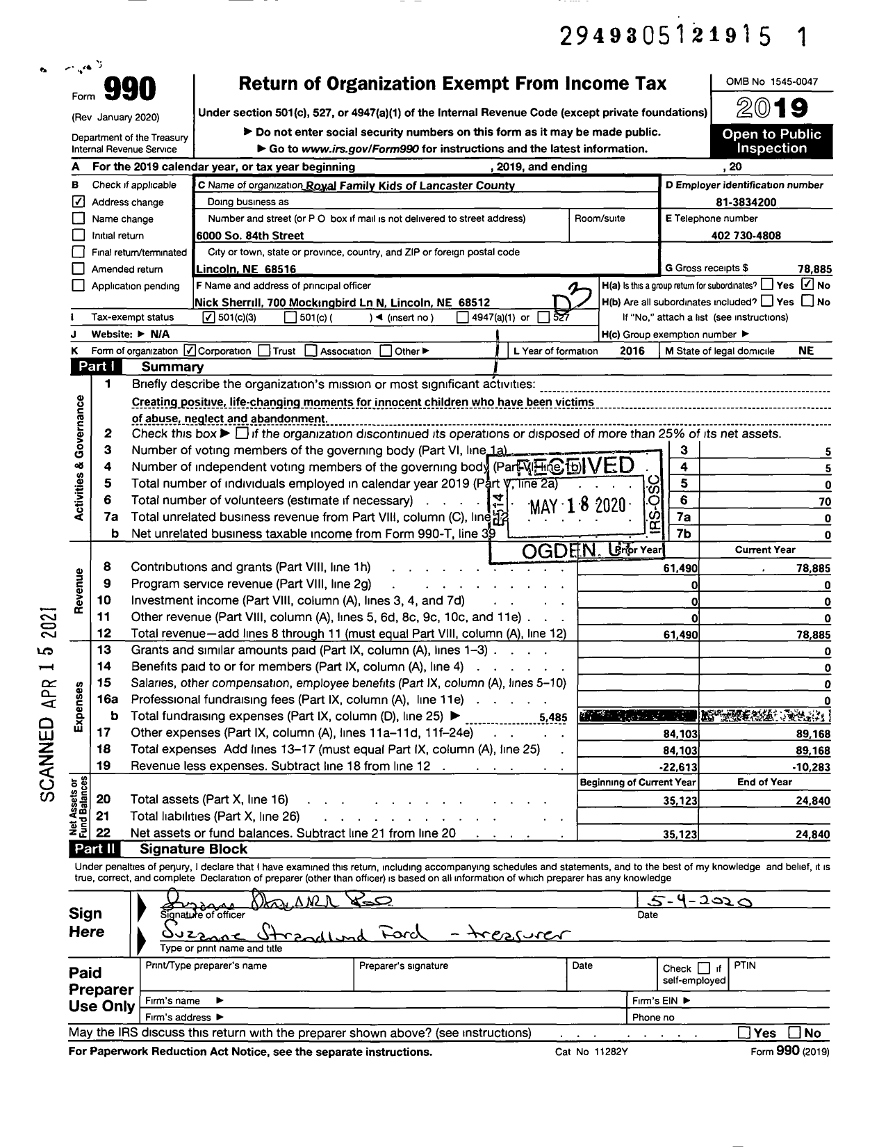 Image of first page of 2019 Form 990 for Royal Family Kids of Lancaster County