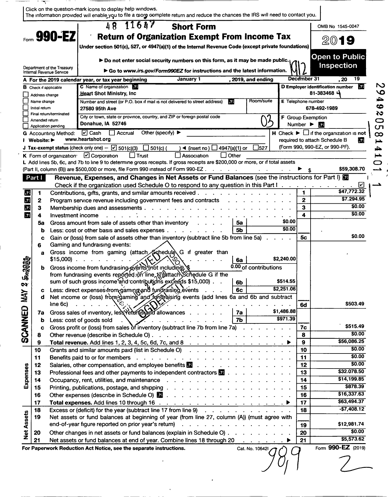 Image of first page of 2019 Form 990EZ for Heart Shot Ministry