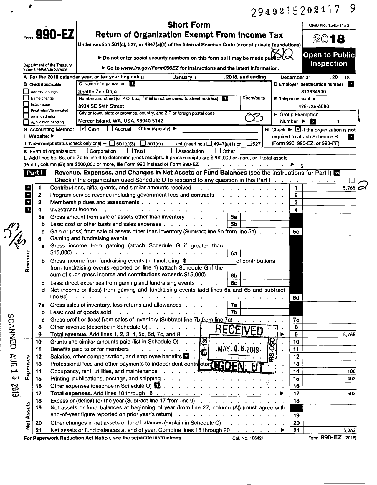 Image of first page of 2018 Form 990EZ for Seattle Zen Dojo