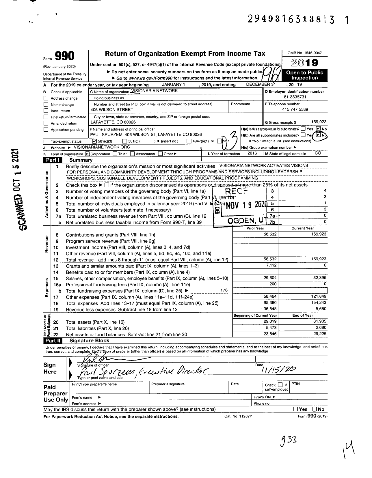 Image of first page of 2019 Form 990 for Visionaria Network