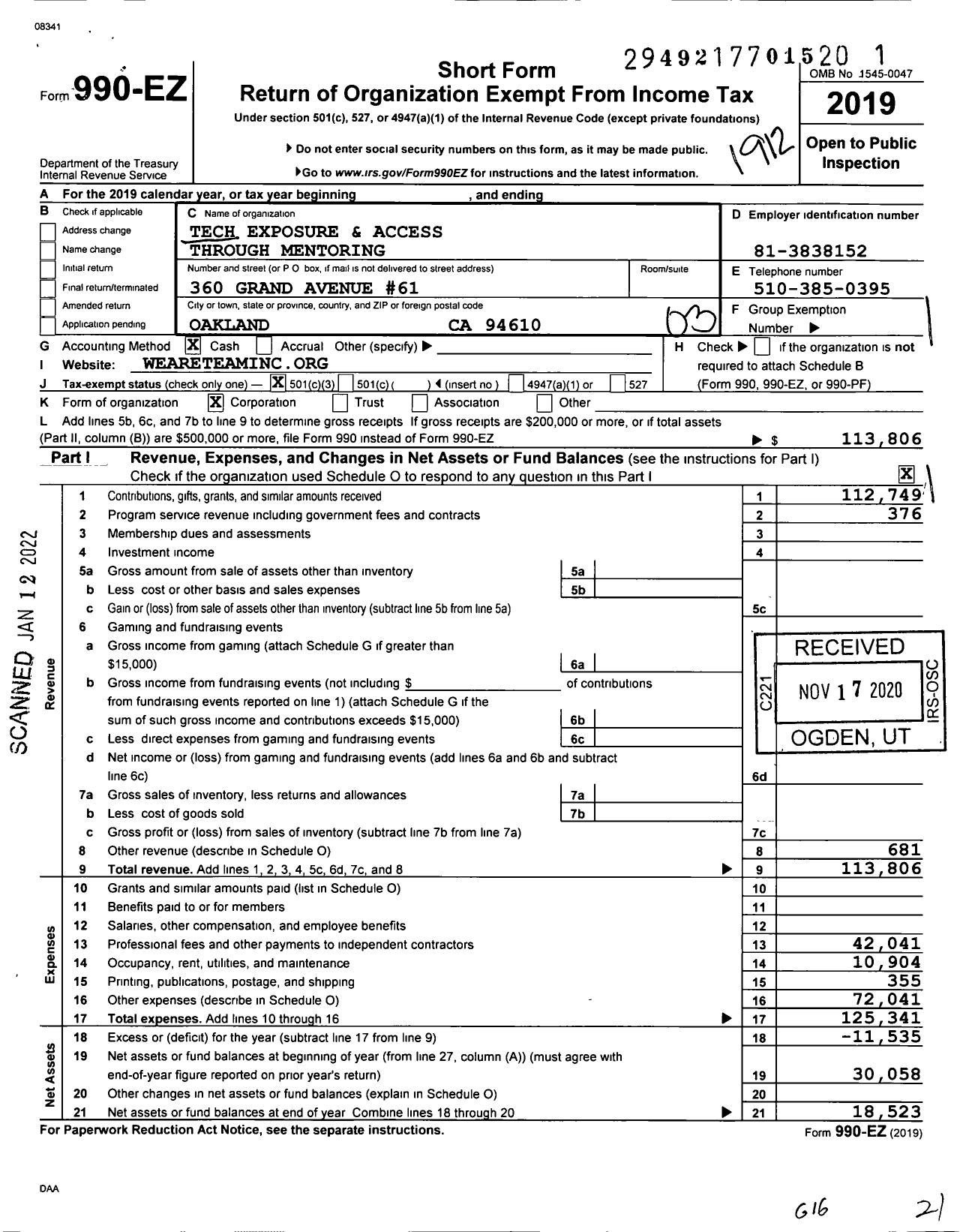 Image of first page of 2019 Form 990EZ for Tech Exposure and Access Through Mentoring (TEAM)