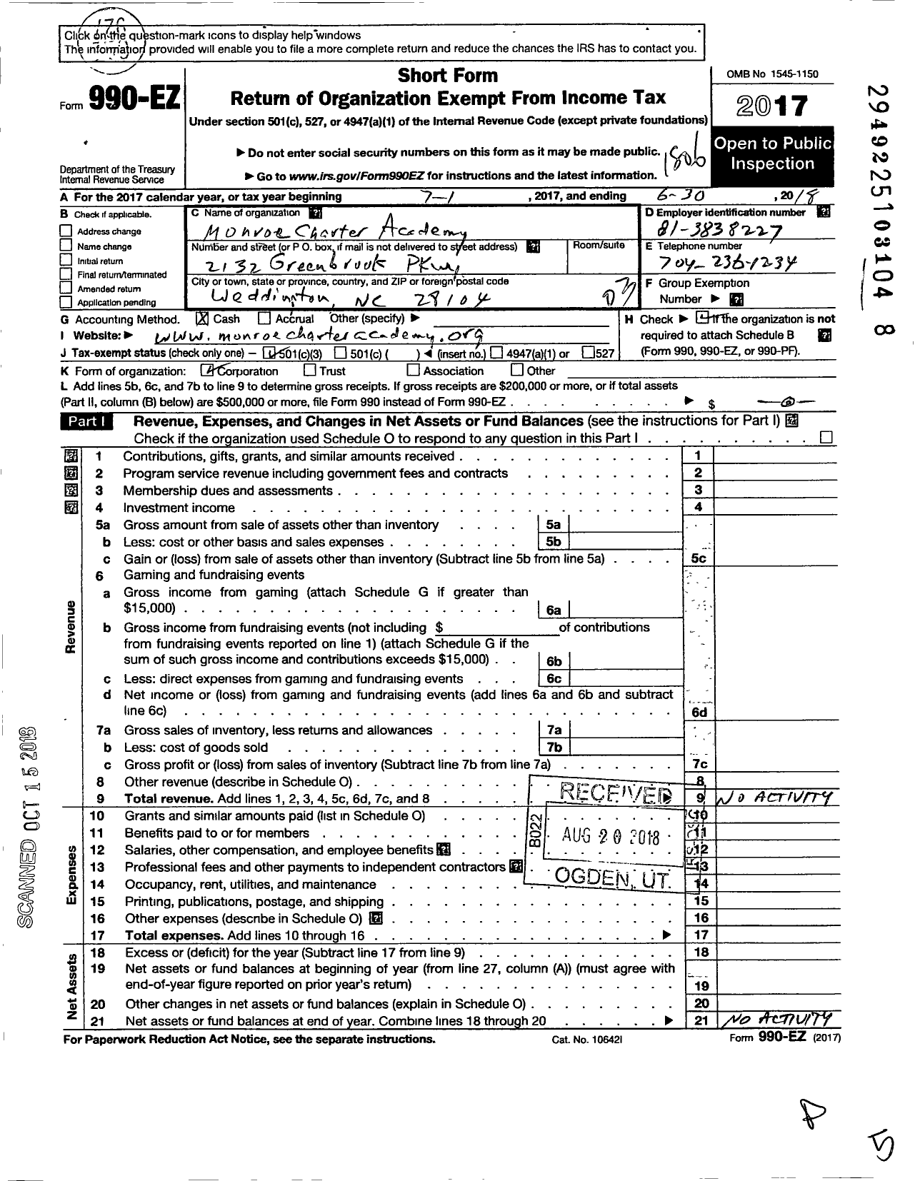 Image of first page of 2017 Form 990EZ for Monroe Charter Academy
