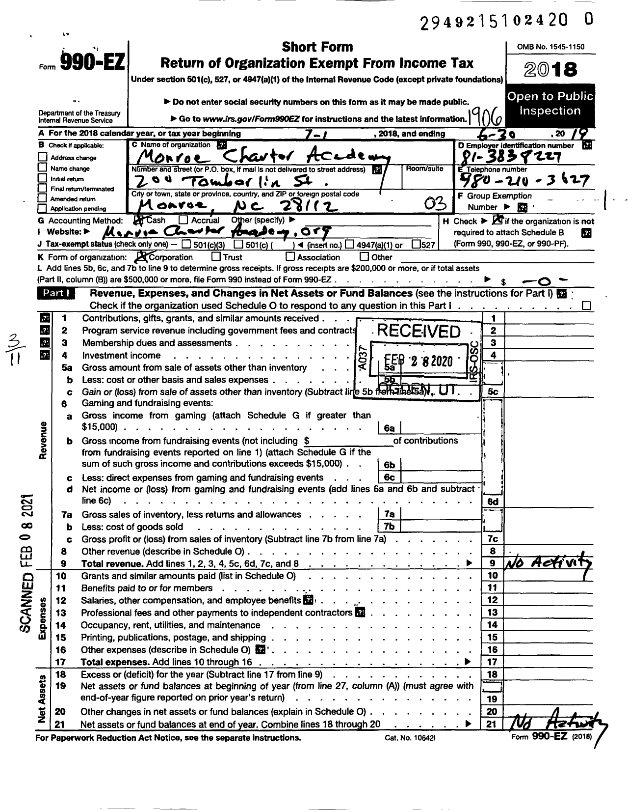 Image of first page of 2018 Form 990EZ for Monroe Charter Academy