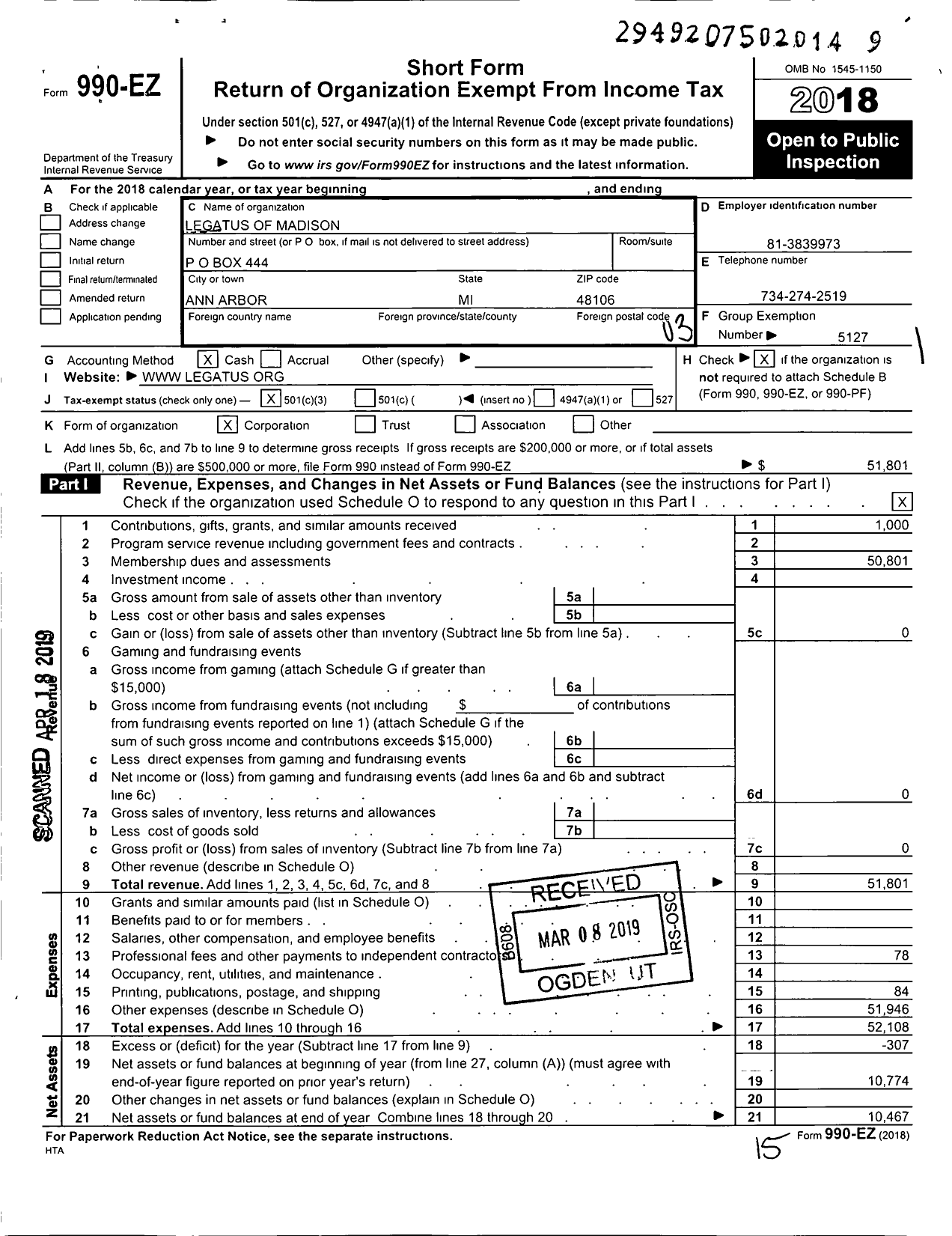 Image of first page of 2018 Form 990EZ for Legatus of Madison