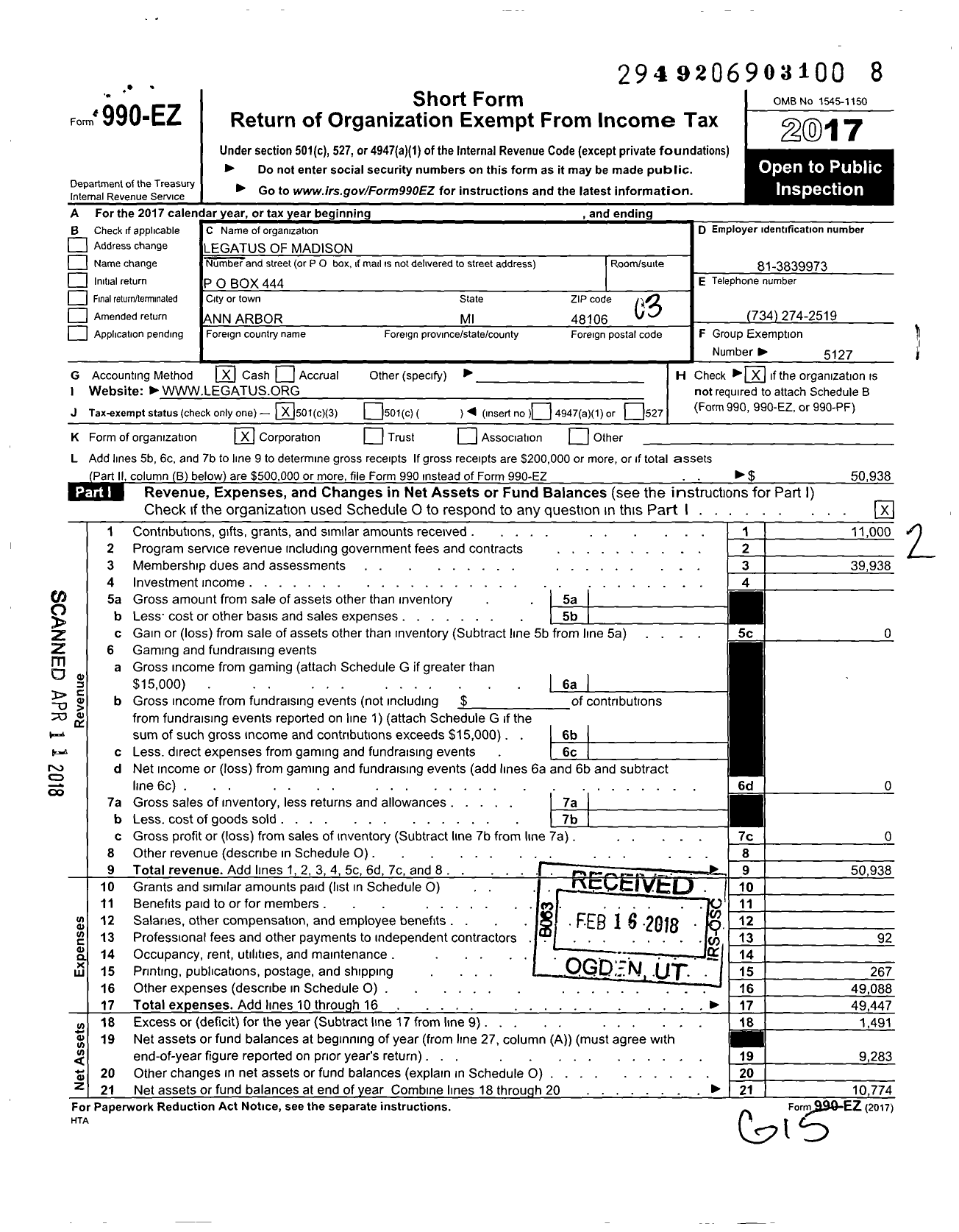 Image of first page of 2017 Form 990EZ for Legatus of Madison