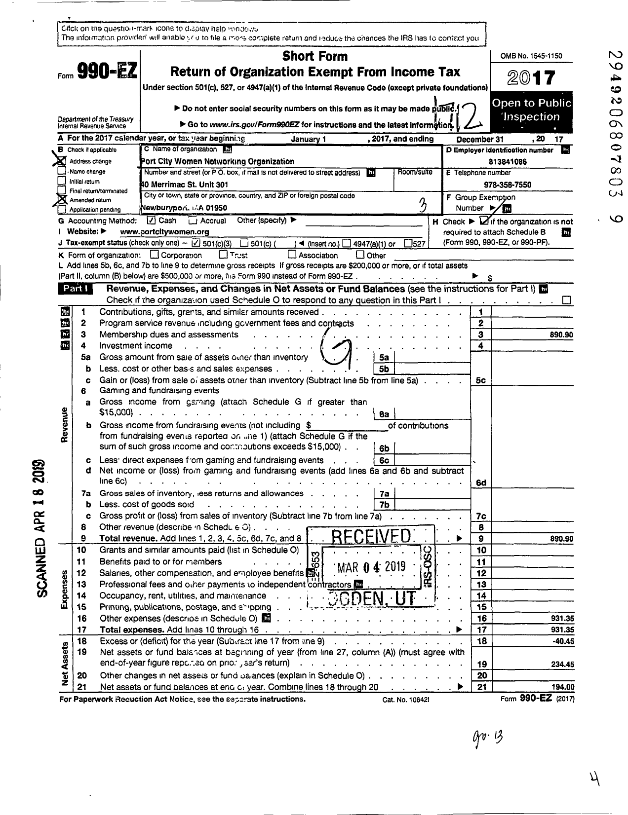 Image of first page of 2017 Form 990EZ for Port City Women Networking Organization