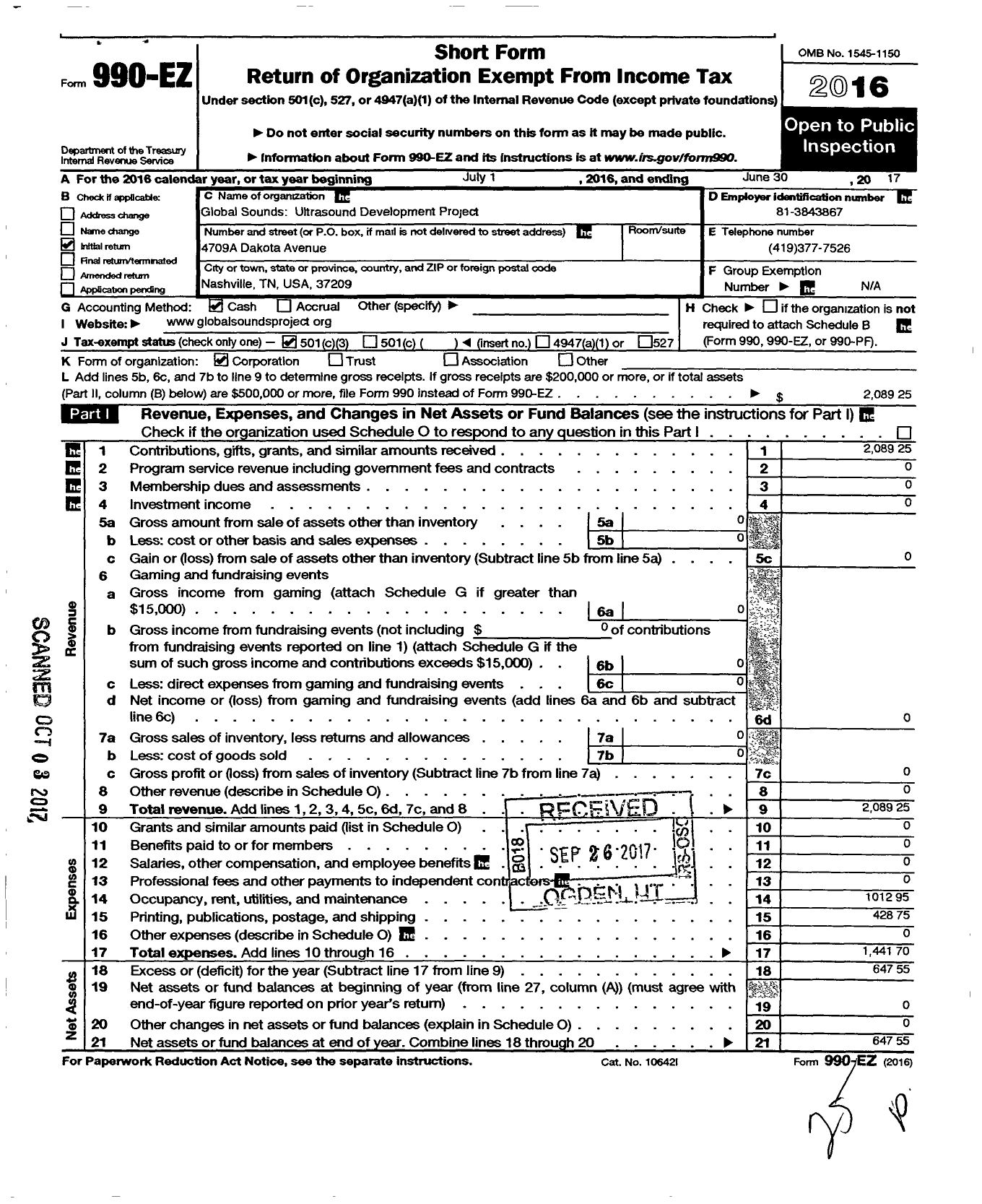 Image of first page of 2016 Form 990EZ for Global Sounds Ultrasound Development Project