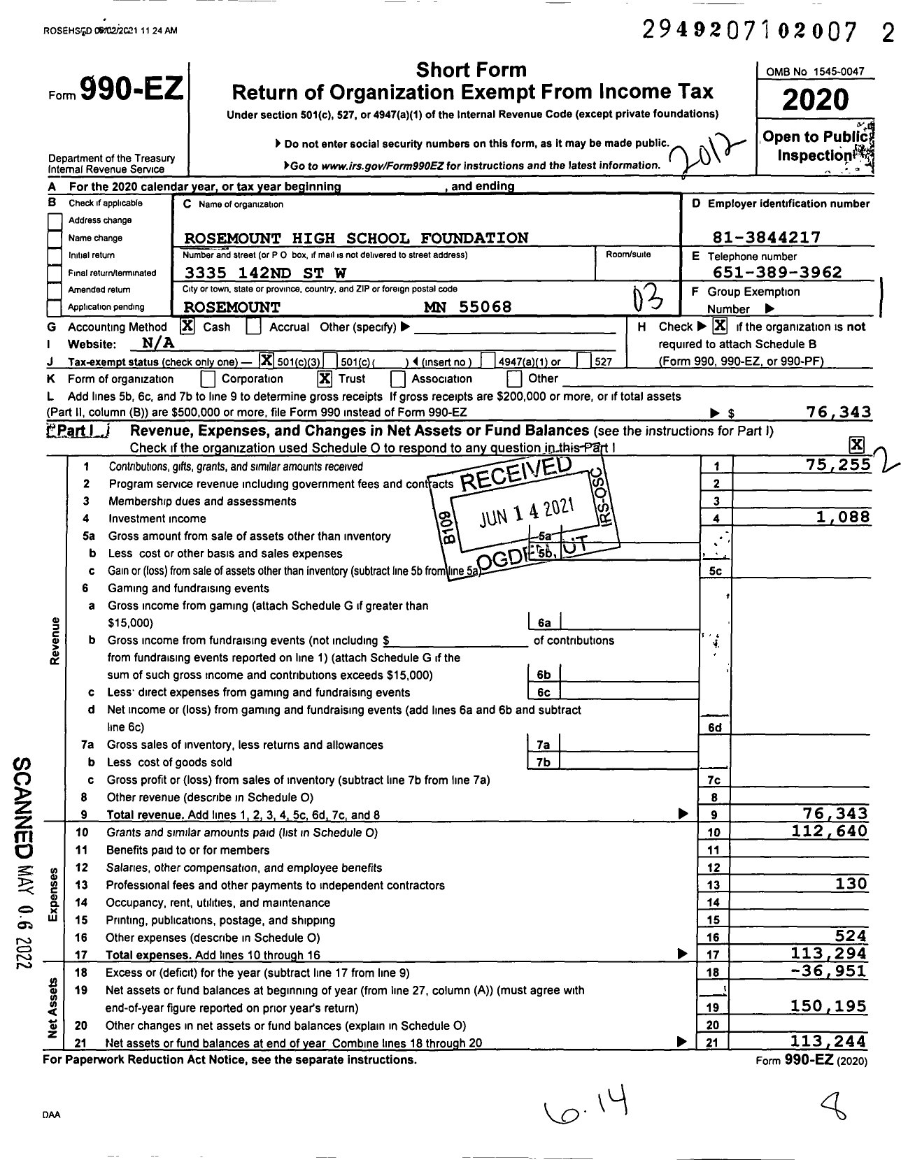 Image of first page of 2020 Form 990EZ for Rosemount High School Foundation