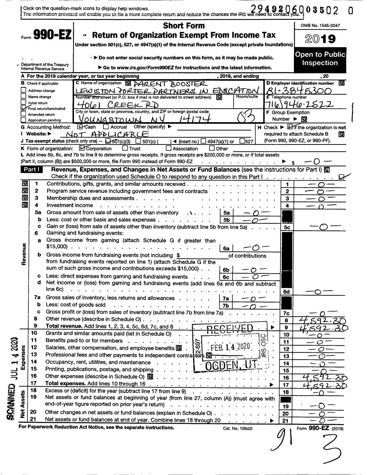 Image of first page of 2019 Form 990EZ for Parent Booster USA / Lewiston-Porter Central School Dist