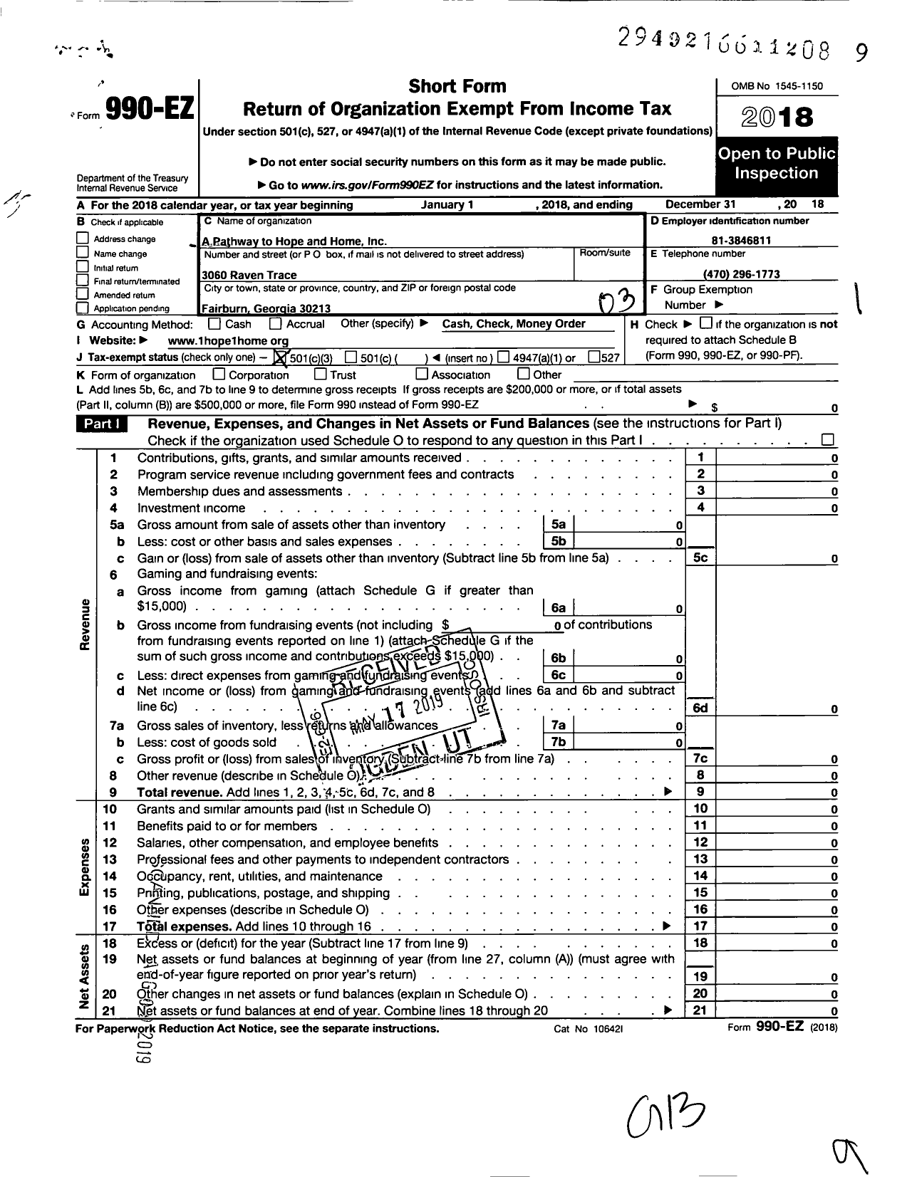 Image of first page of 2018 Form 990EZ for A Pathway To Hope and Home