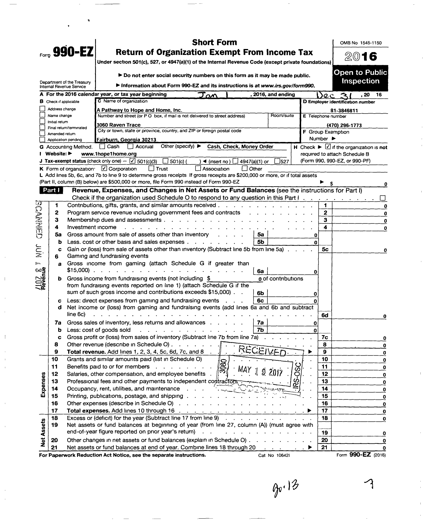 Image of first page of 2016 Form 990EZ for A Pathway To Hope and Home