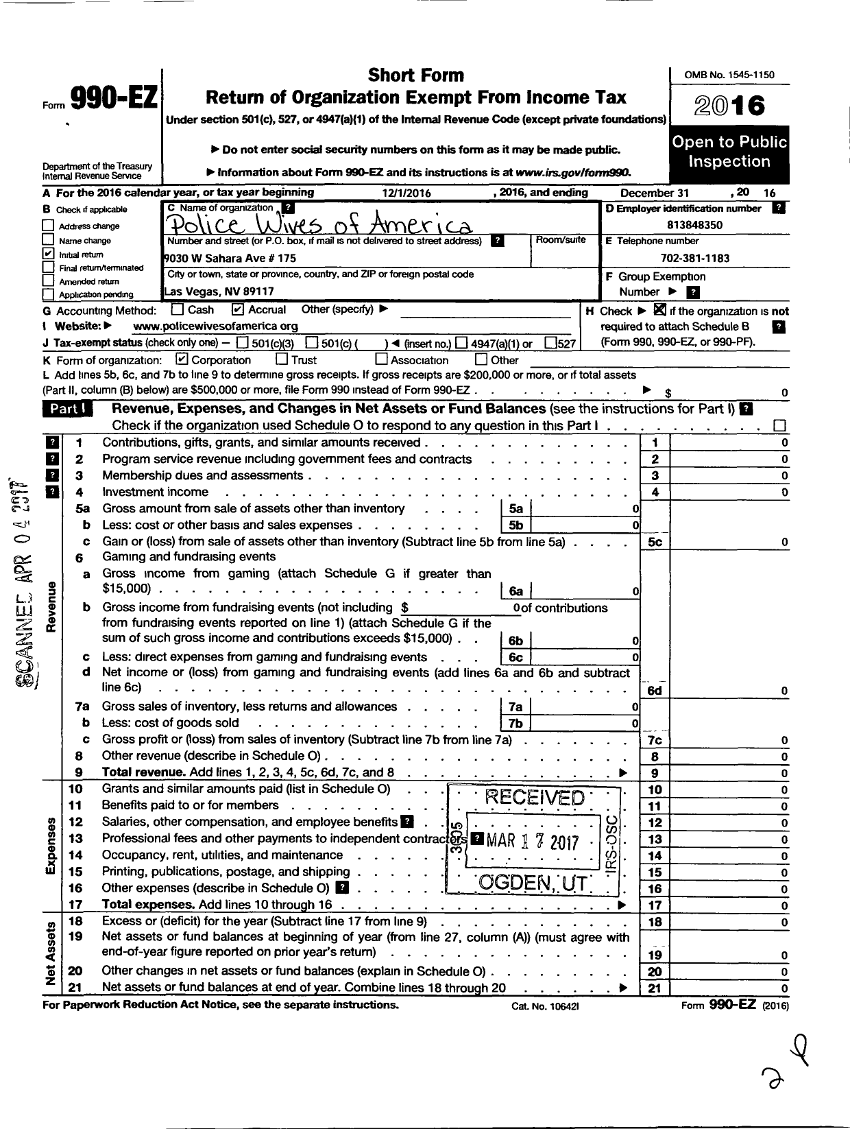 Image of first page of 2016 Form 990EO for Police Wives of America