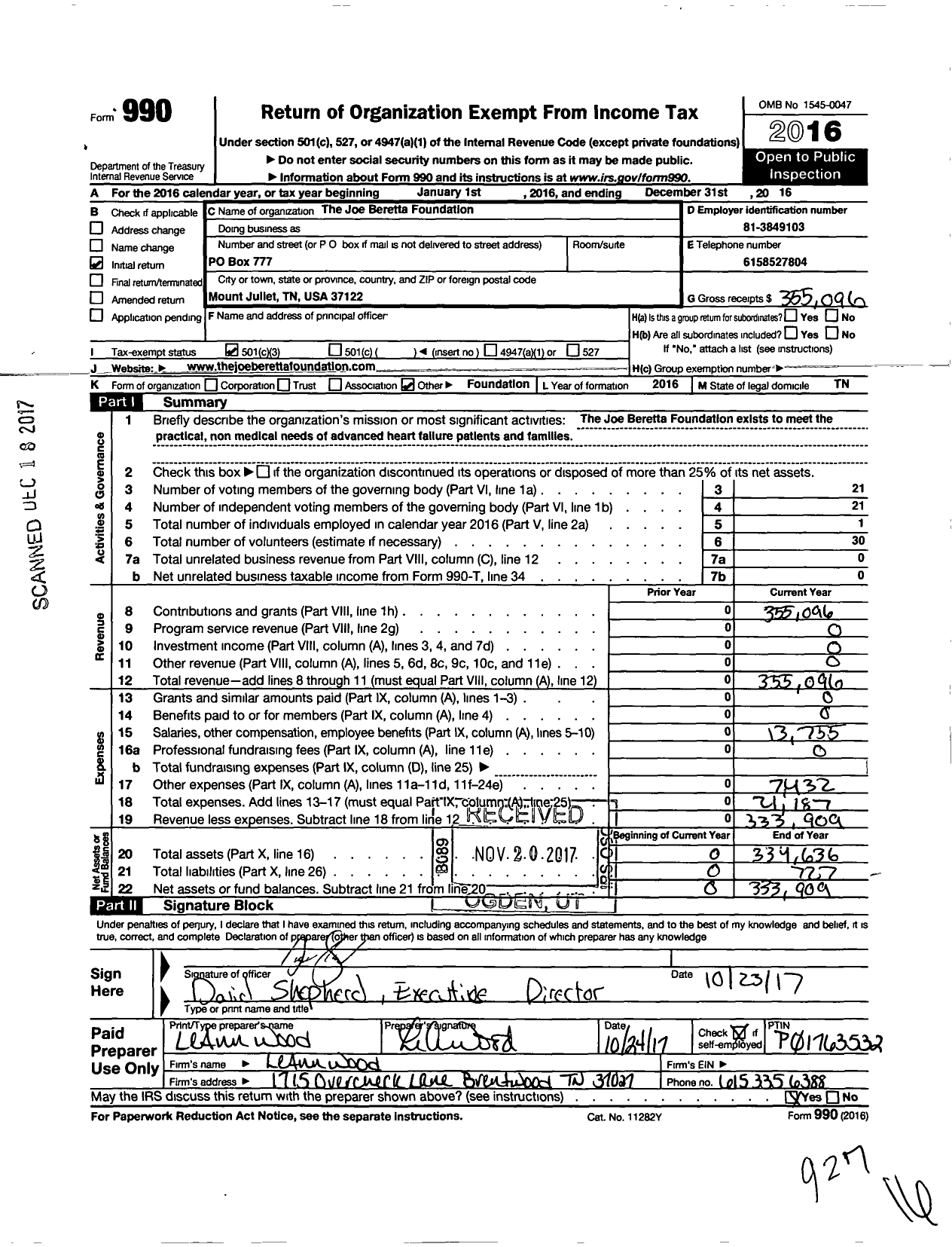 Image of first page of 2016 Form 990 for Joe Beretta Foundation