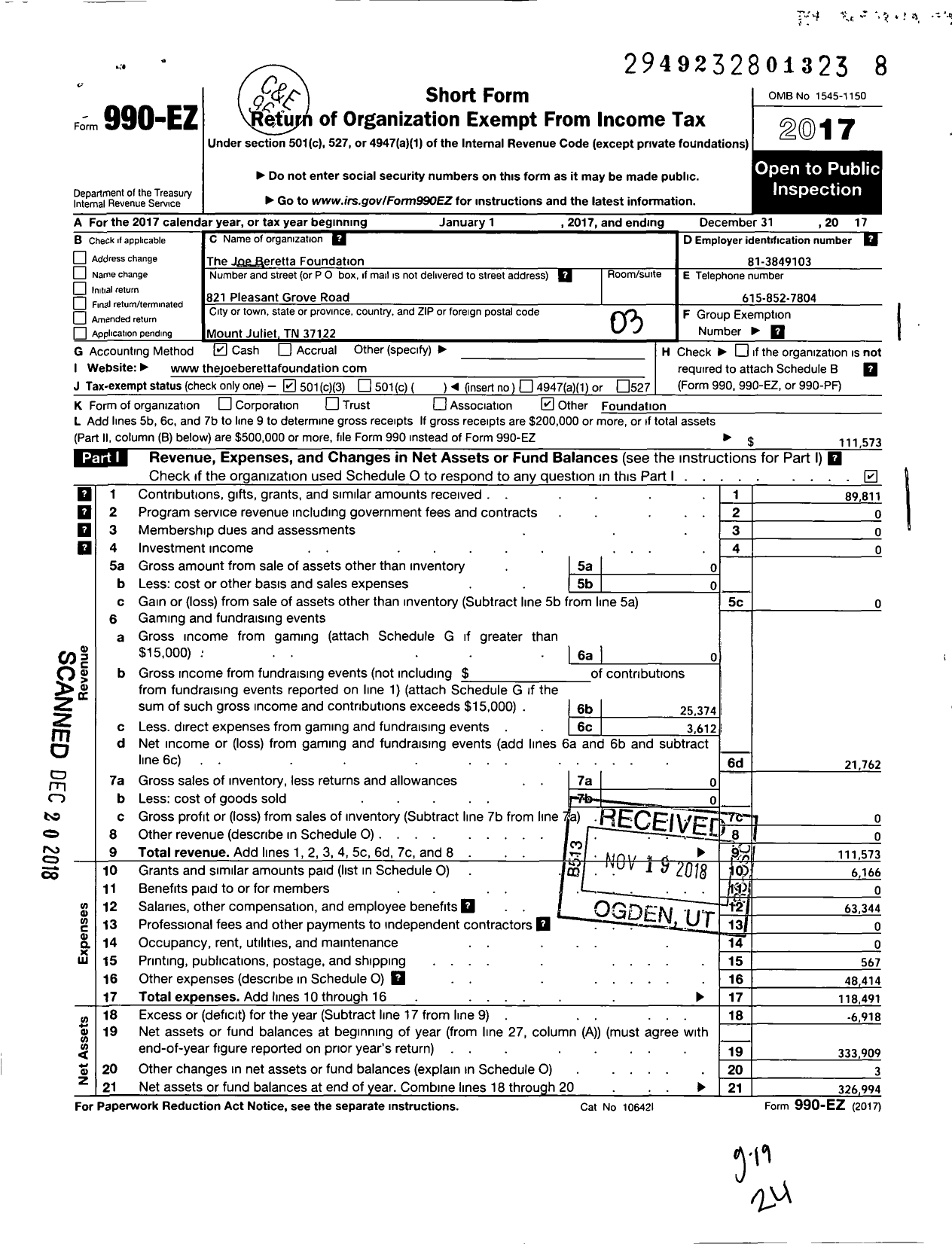 Image of first page of 2017 Form 990EZ for Joe Beretta Foundation