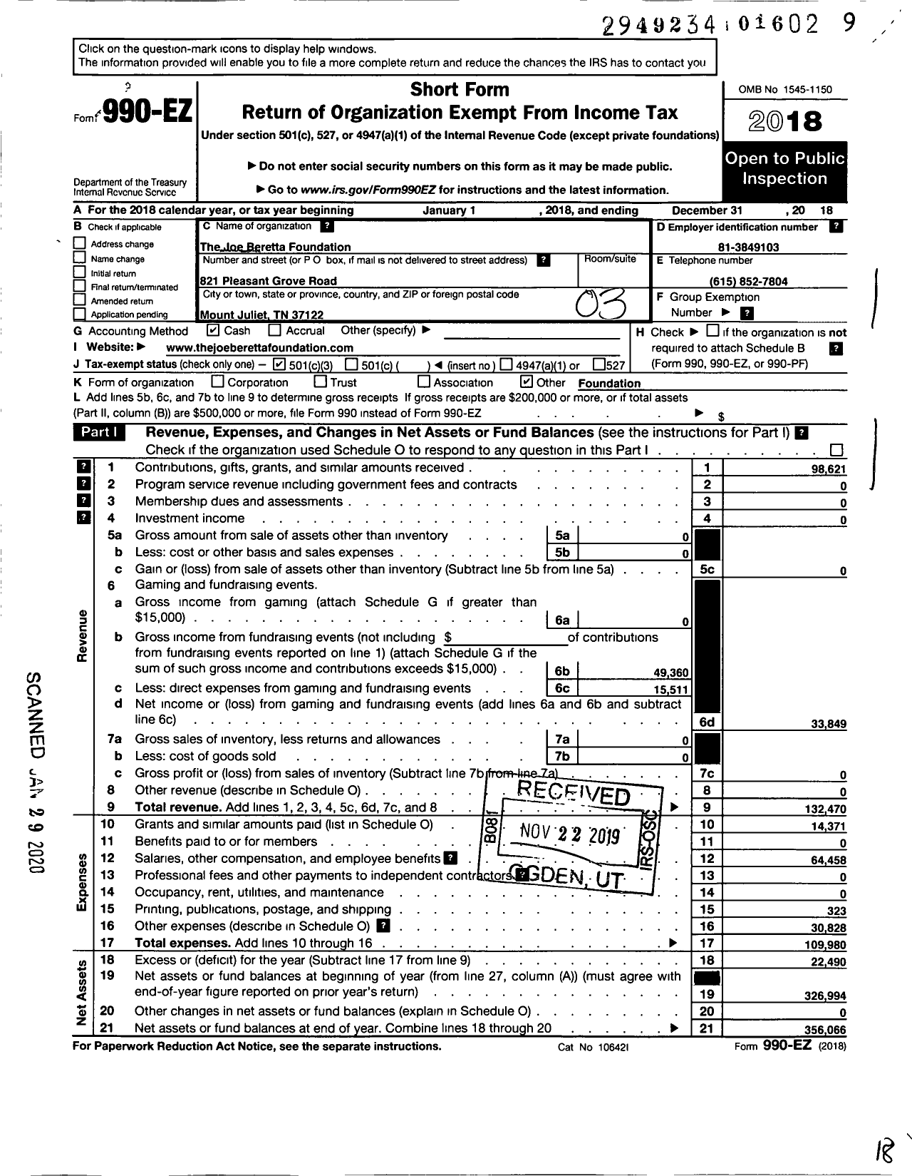 Image of first page of 2018 Form 990EZ for Joe Beretta Foundation