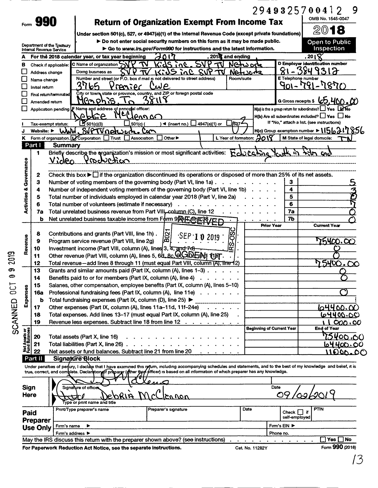 Image of first page of 2018 Form 990 for SVP Kids SVP TV Network