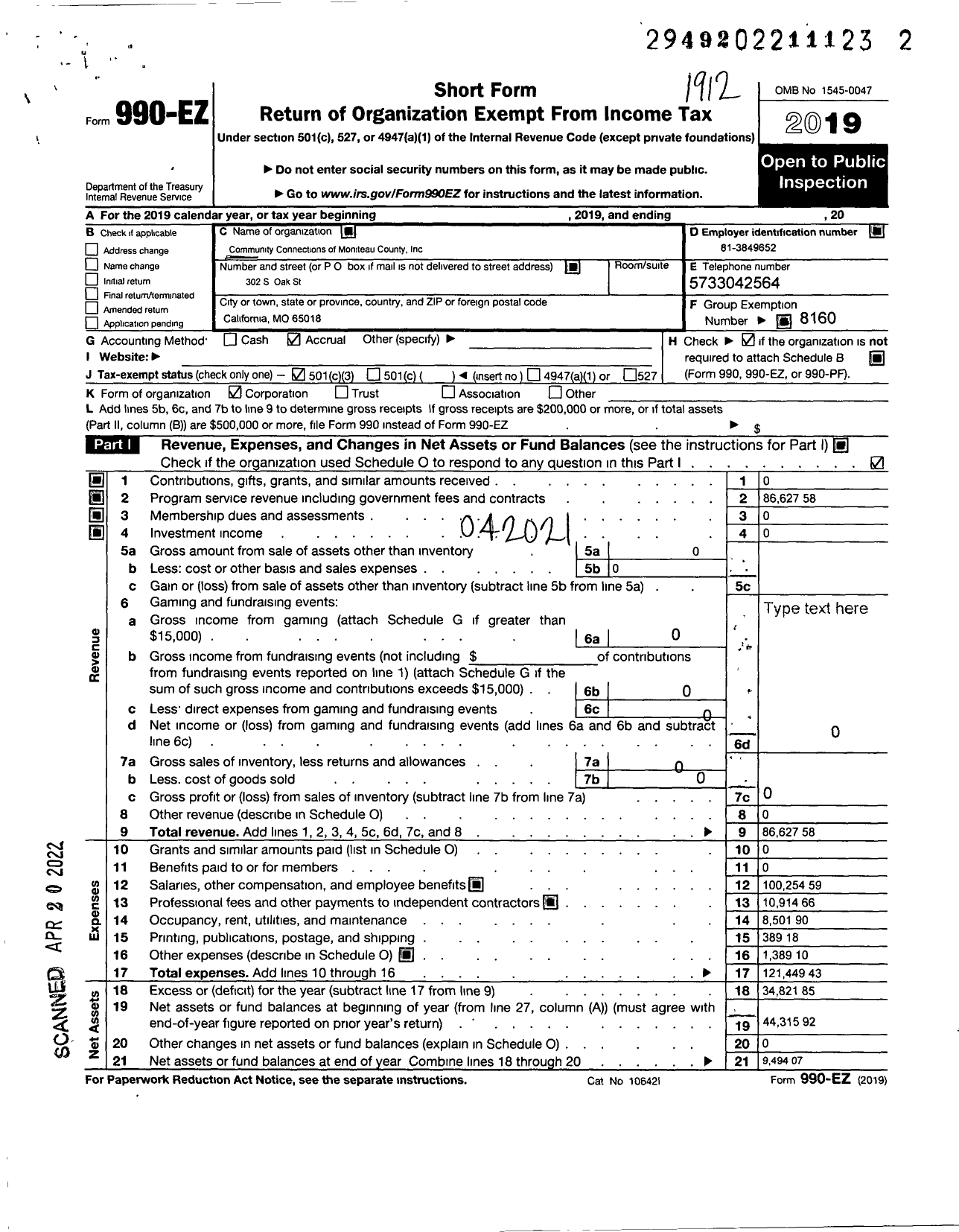 Image of first page of 2019 Form 990EZ for Community Connections of Moniteau County