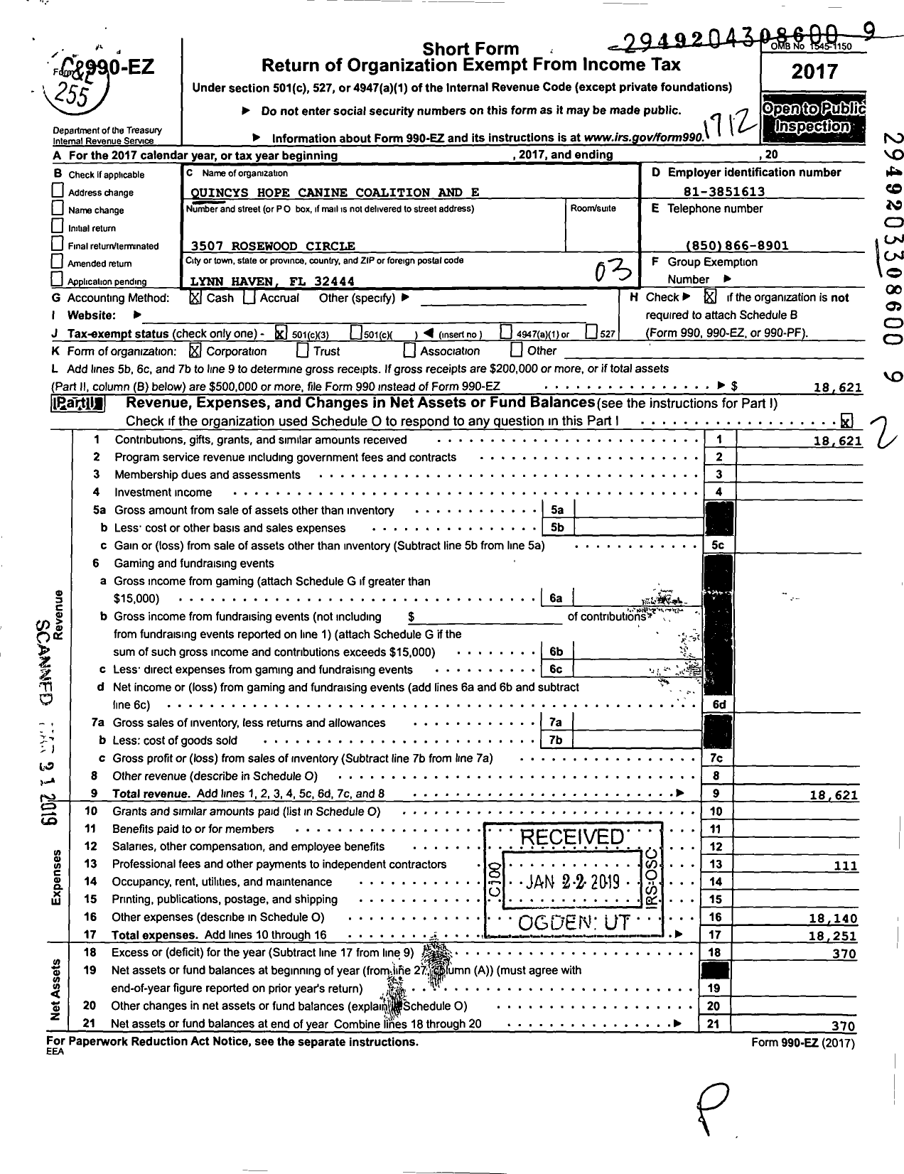 Image of first page of 2017 Form 990EZ for Quincys Hope Canine Coalition and Education