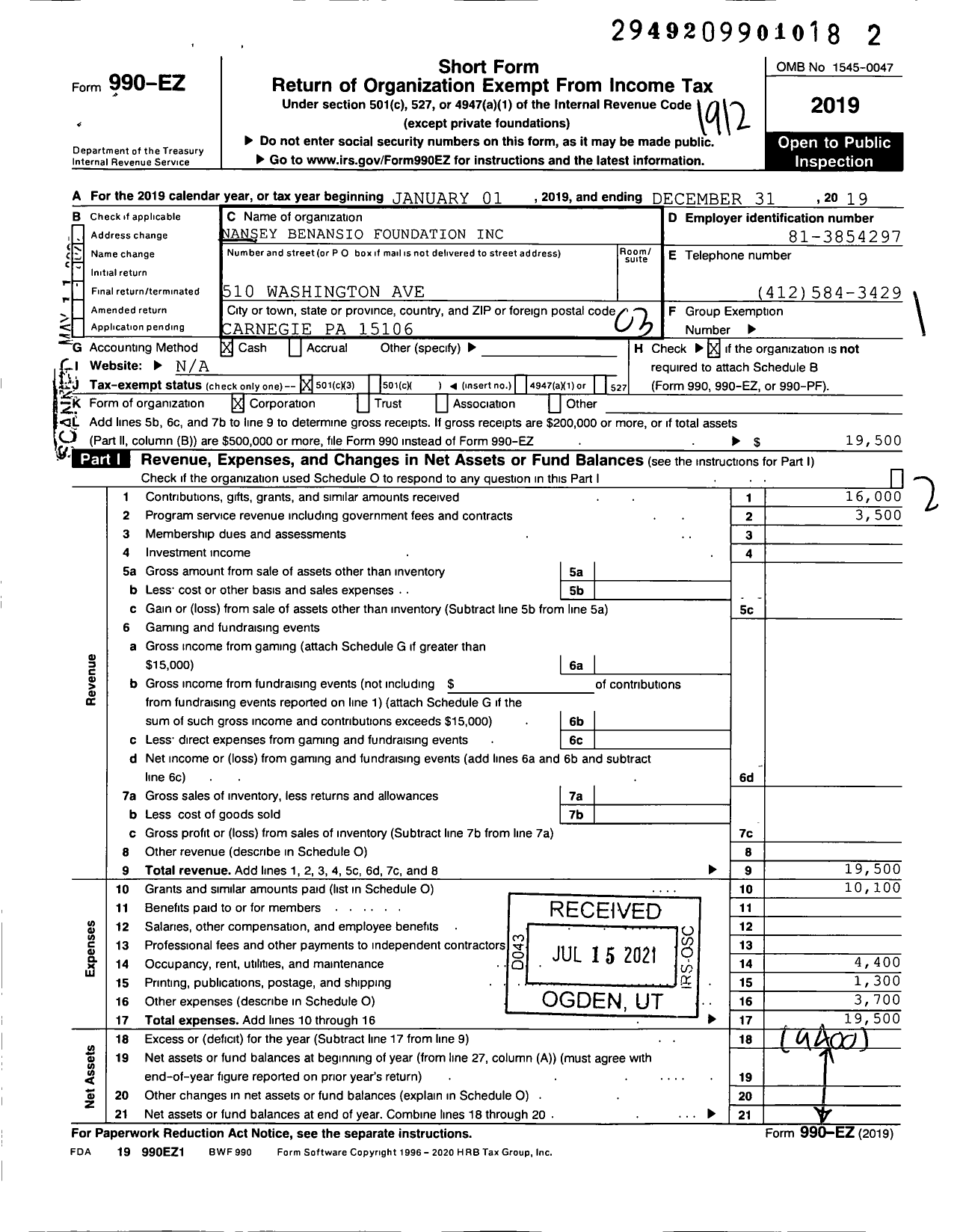 Image of first page of 2019 Form 990EZ for Nansey Benansio Foundation