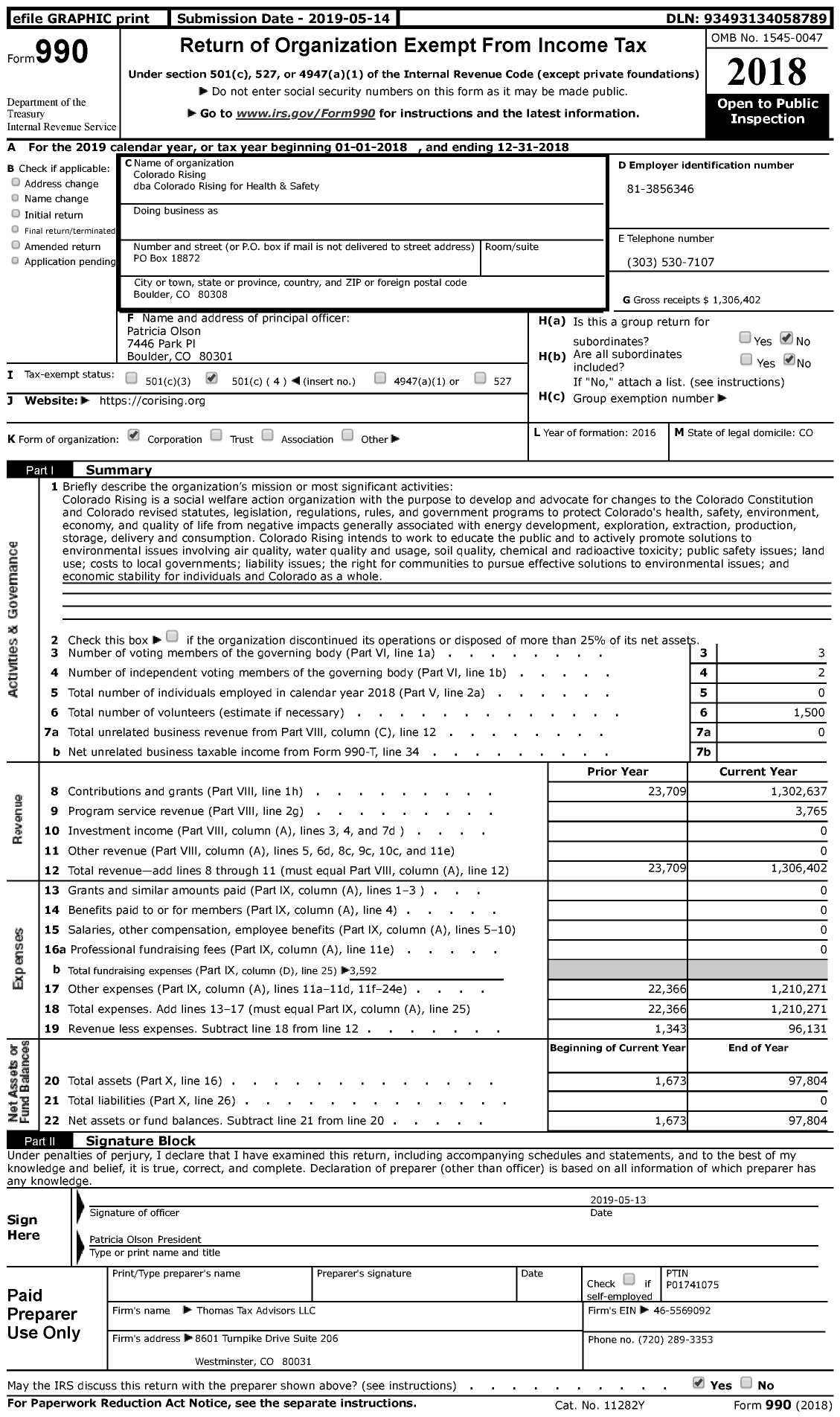 Image of first page of 2018 Form 990 for Colorado Rising for Health & Safety