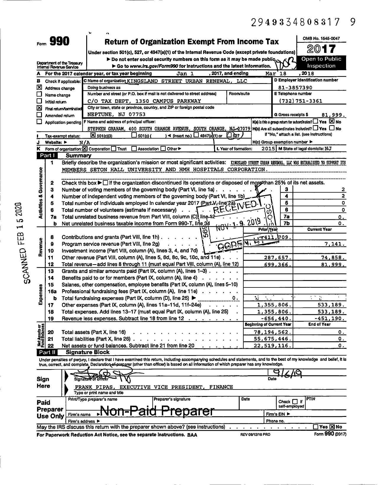 Image of first page of 2017 Form 990 for Kingsland Street Urban Renewal LLC