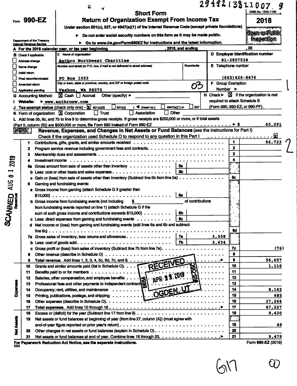 Image of first page of 2018 Form 990EZ for Anthro Northwest Charities