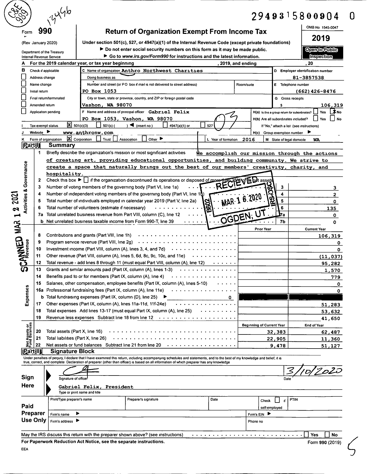 Image of first page of 2019 Form 990 for Anthro Northwest Charities