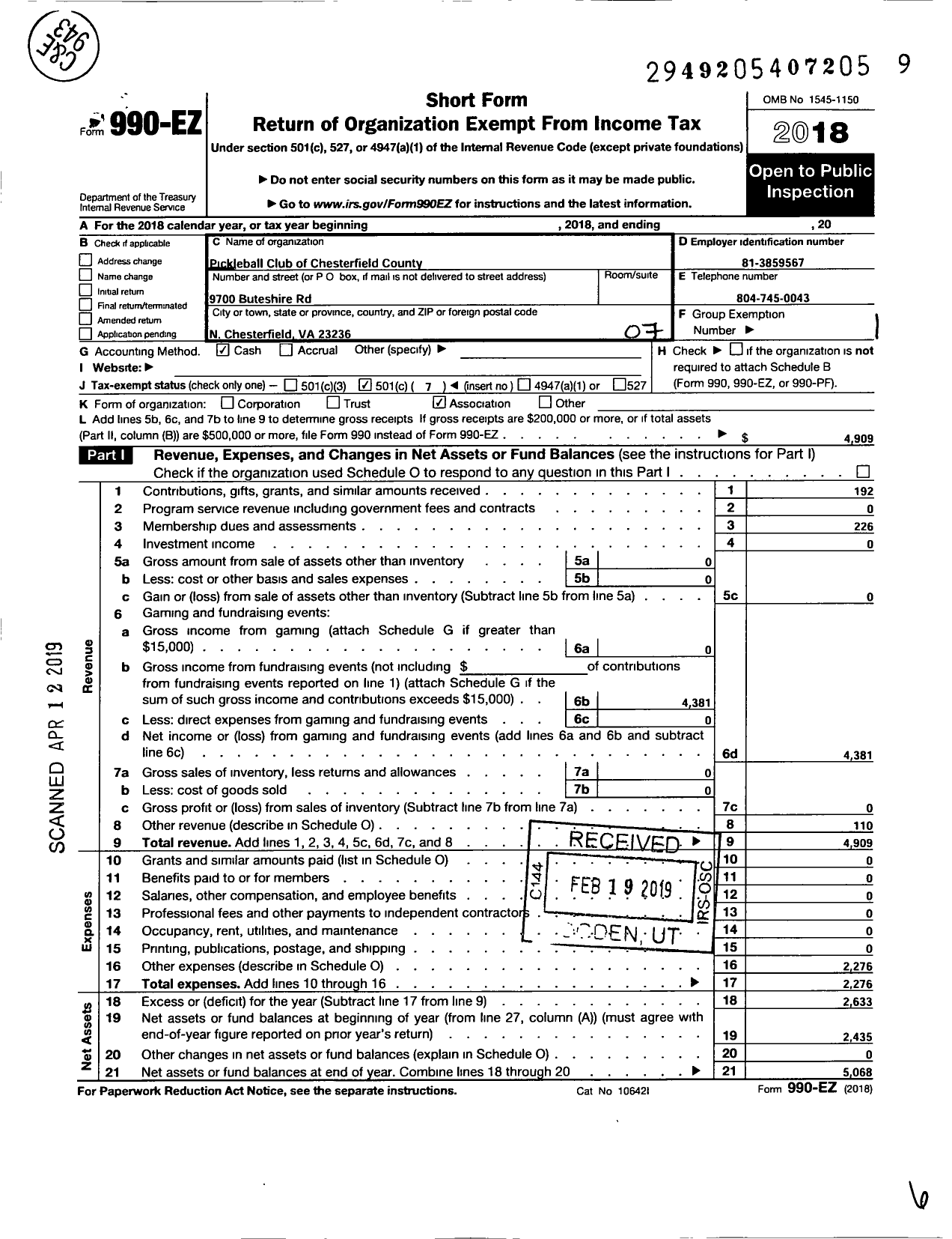 Image of first page of 2018 Form 990EO for Pickleball Club of Chesterfield County