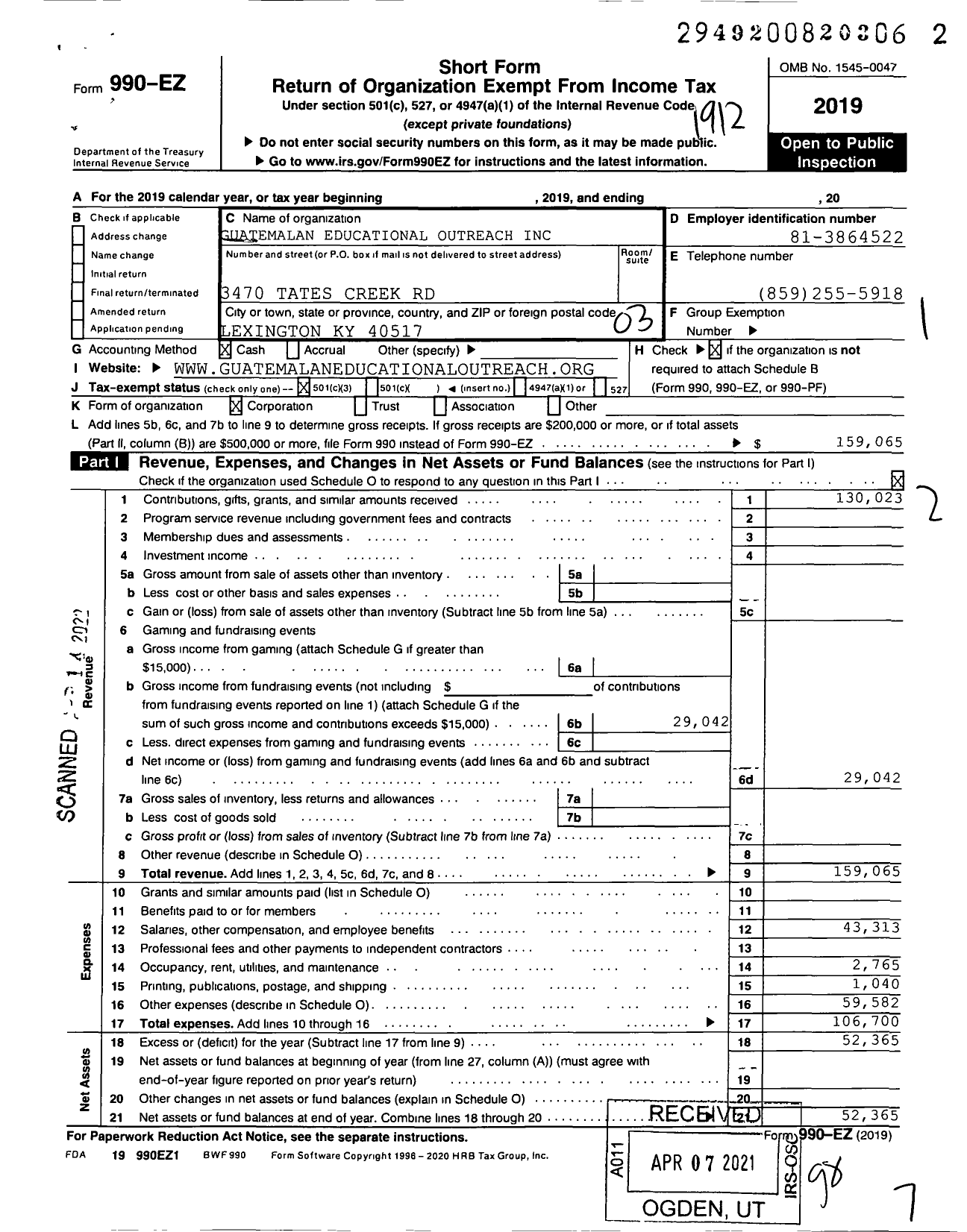 Image of first page of 2019 Form 990EZ for Guatemalan Educational Outreach