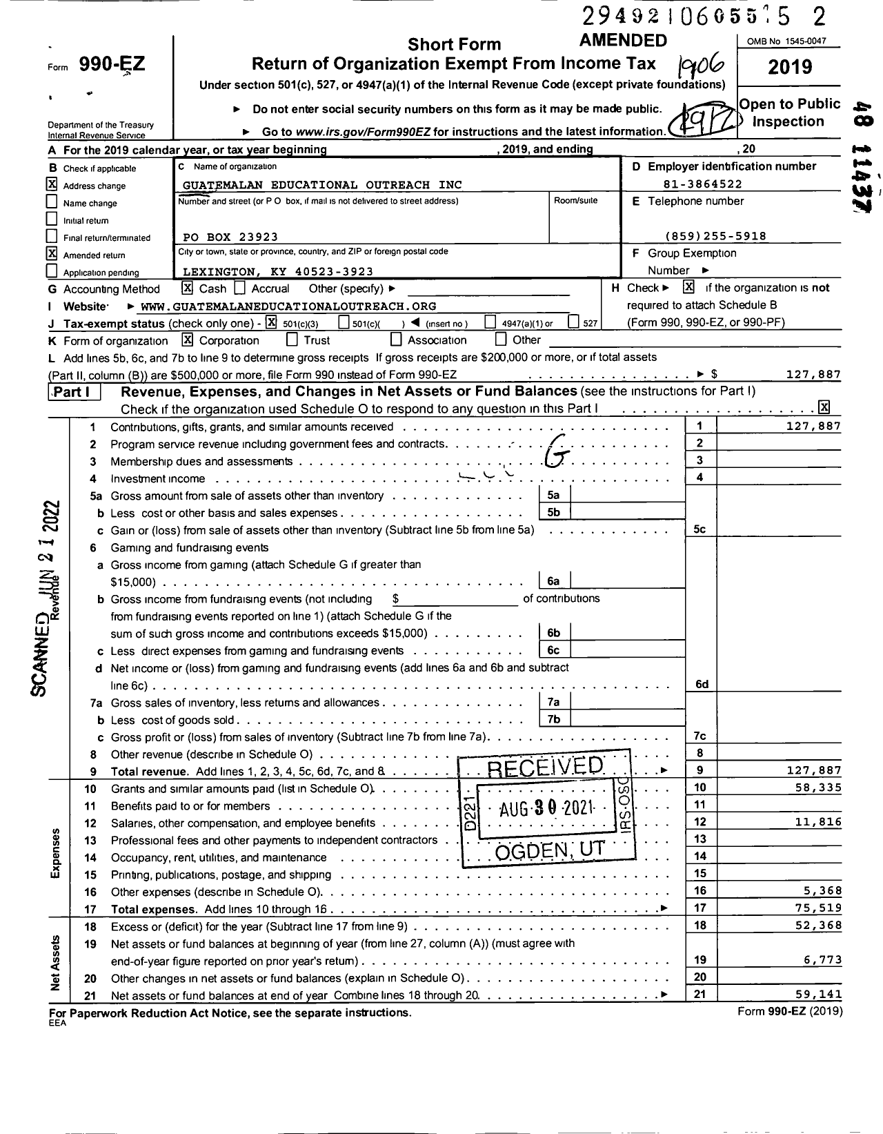 Image of first page of 2018 Form 990EZ for Guatemalan Educational Outreach