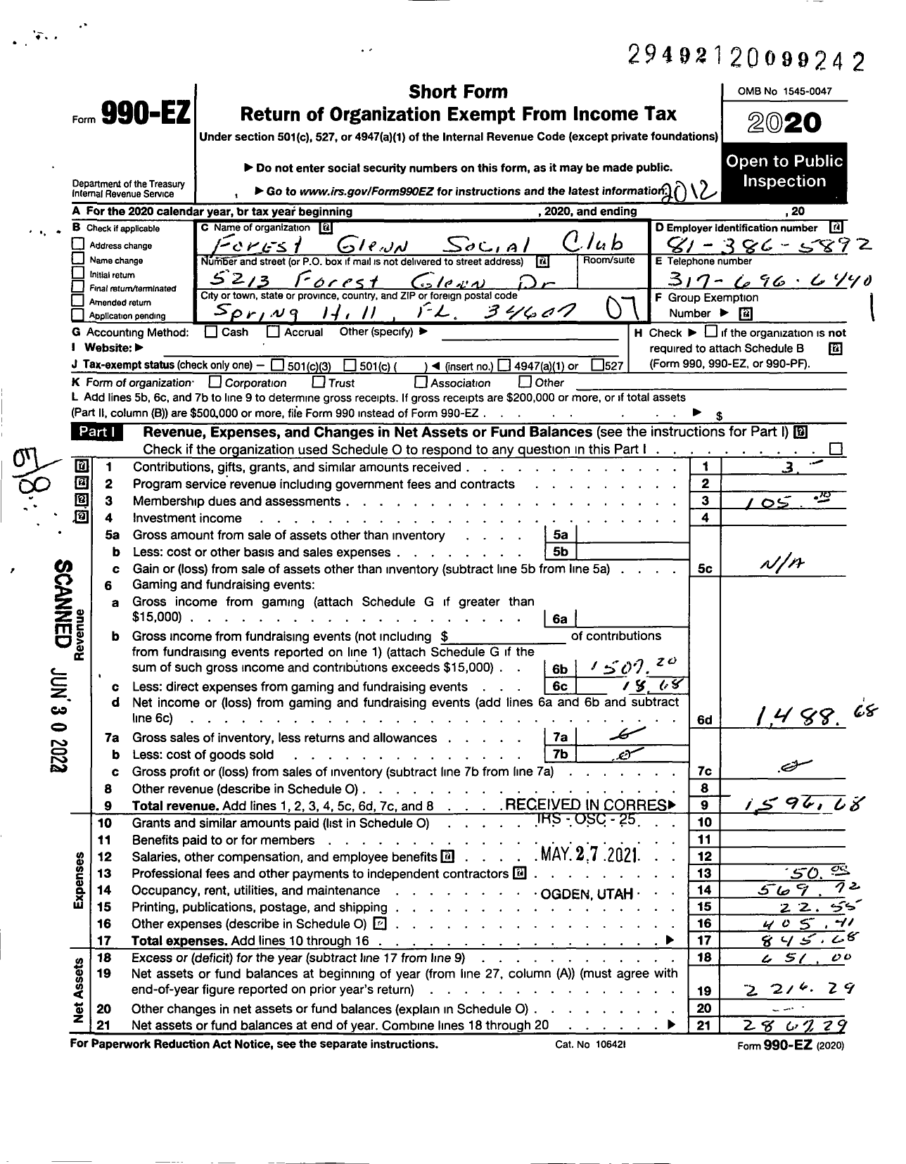 Image of first page of 2020 Form 990EO for Forest Glenn Social Club